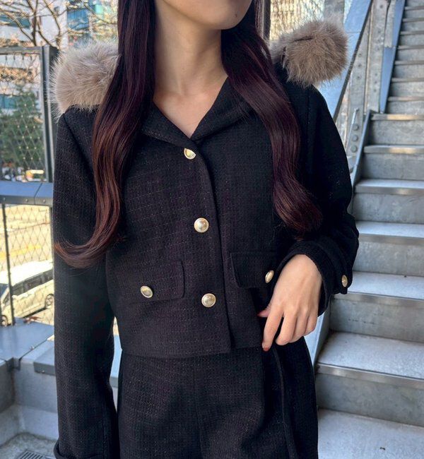  「フェイクファーフード付きツイードジャケット【セットアップ可能】」|ダウンベスト・ベスト|ブラック