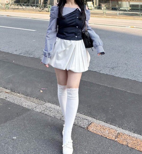  「バックレースアップ配色オフショルブラウス」|シャツ・ブラウス|