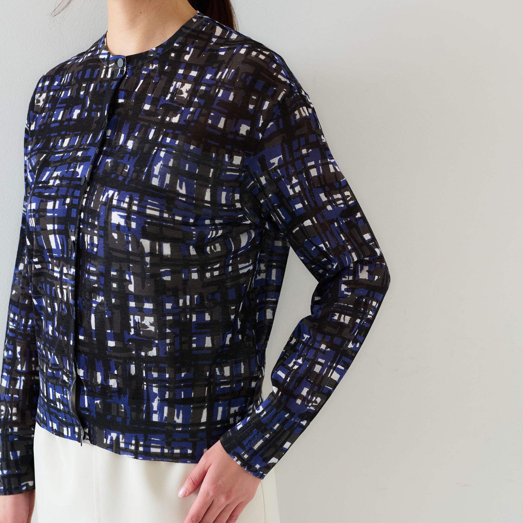 UNTITLED「【セットアップ可能/アンサンブル可能/シアー】チェックプリント カーディガンニット」|カーディガン|