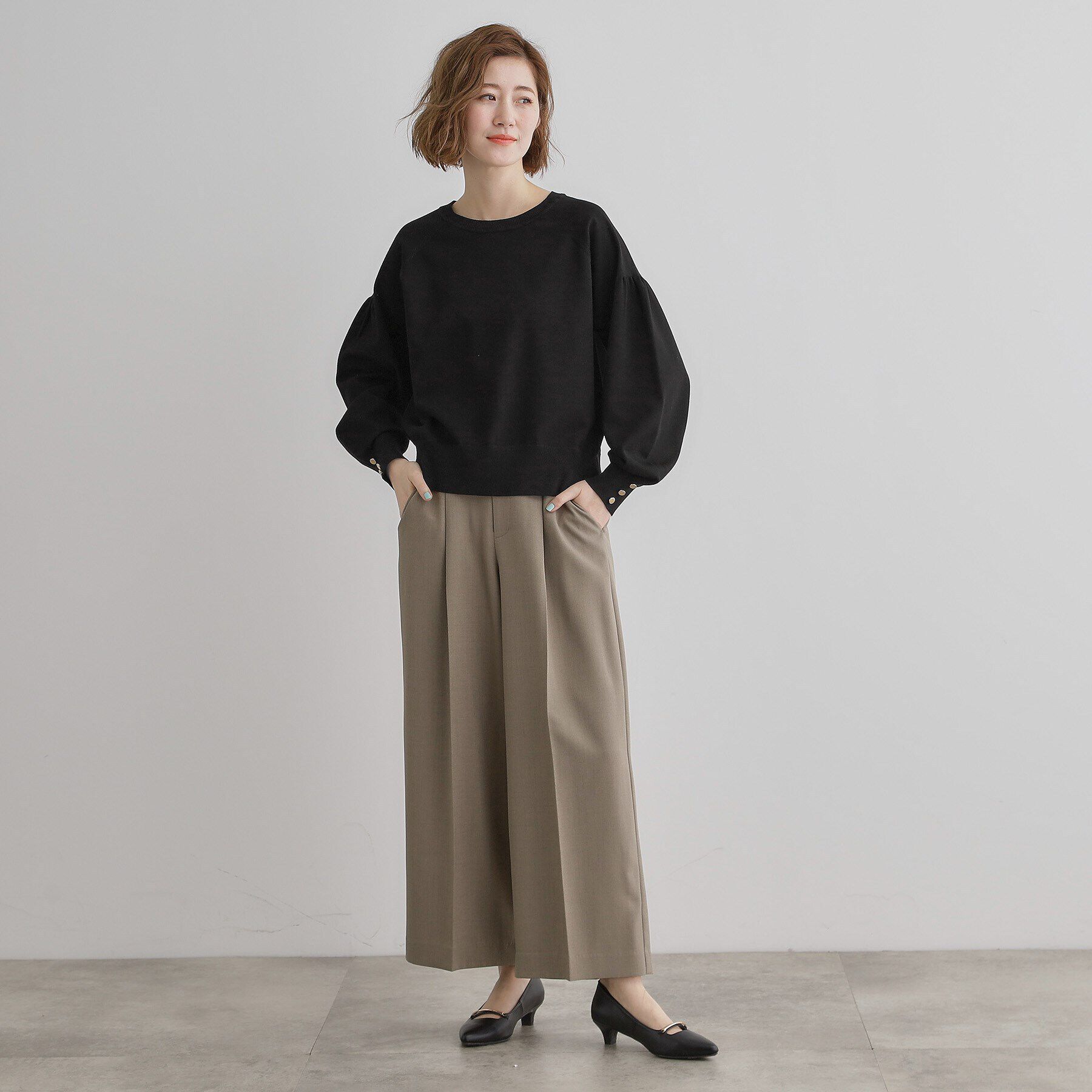 grove「袖口釦ボリュームスリーブクルーネックニット」|ニット・セーター|