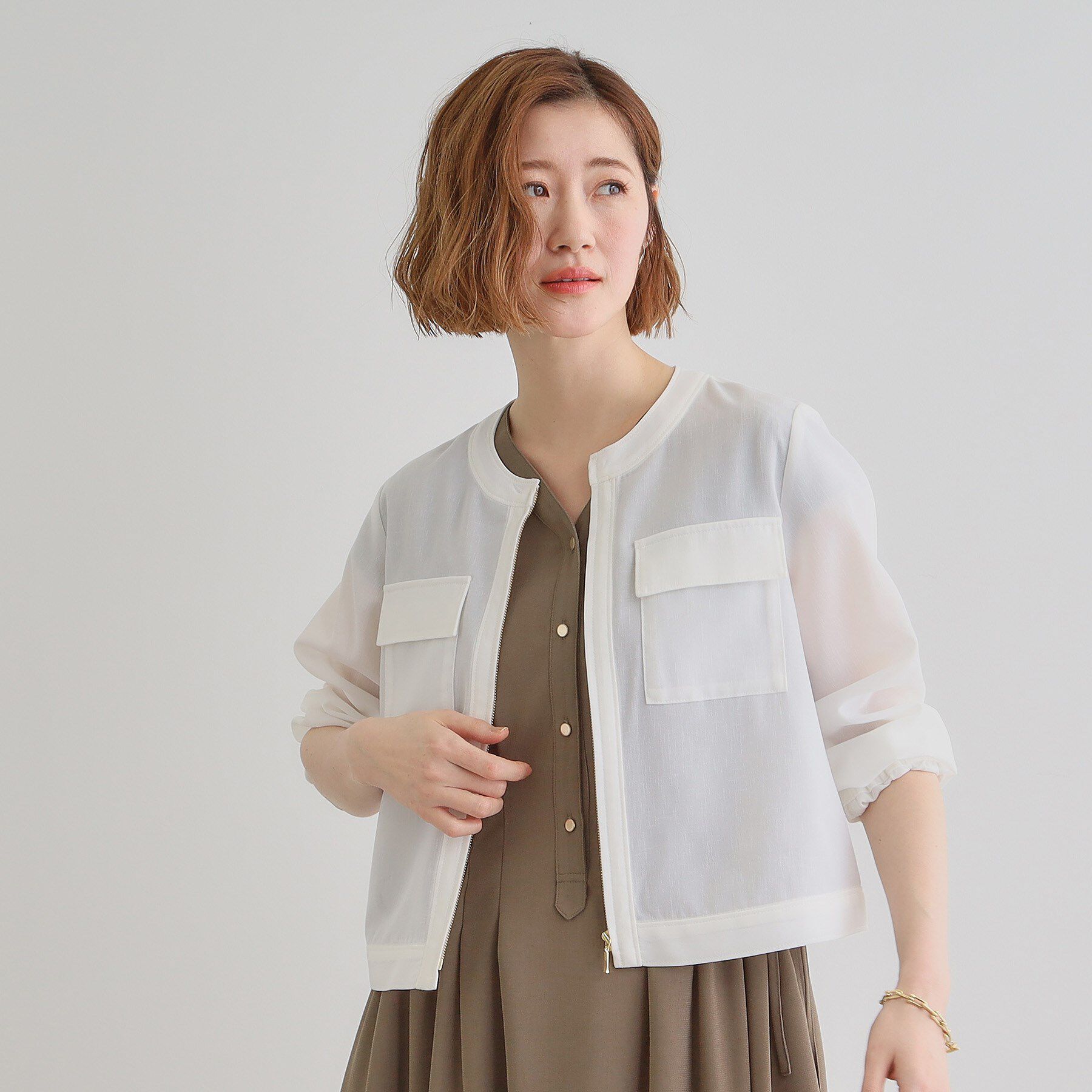 grove「麻調ノーカラーシアーブルゾン」|ブルゾン・スタジャン|