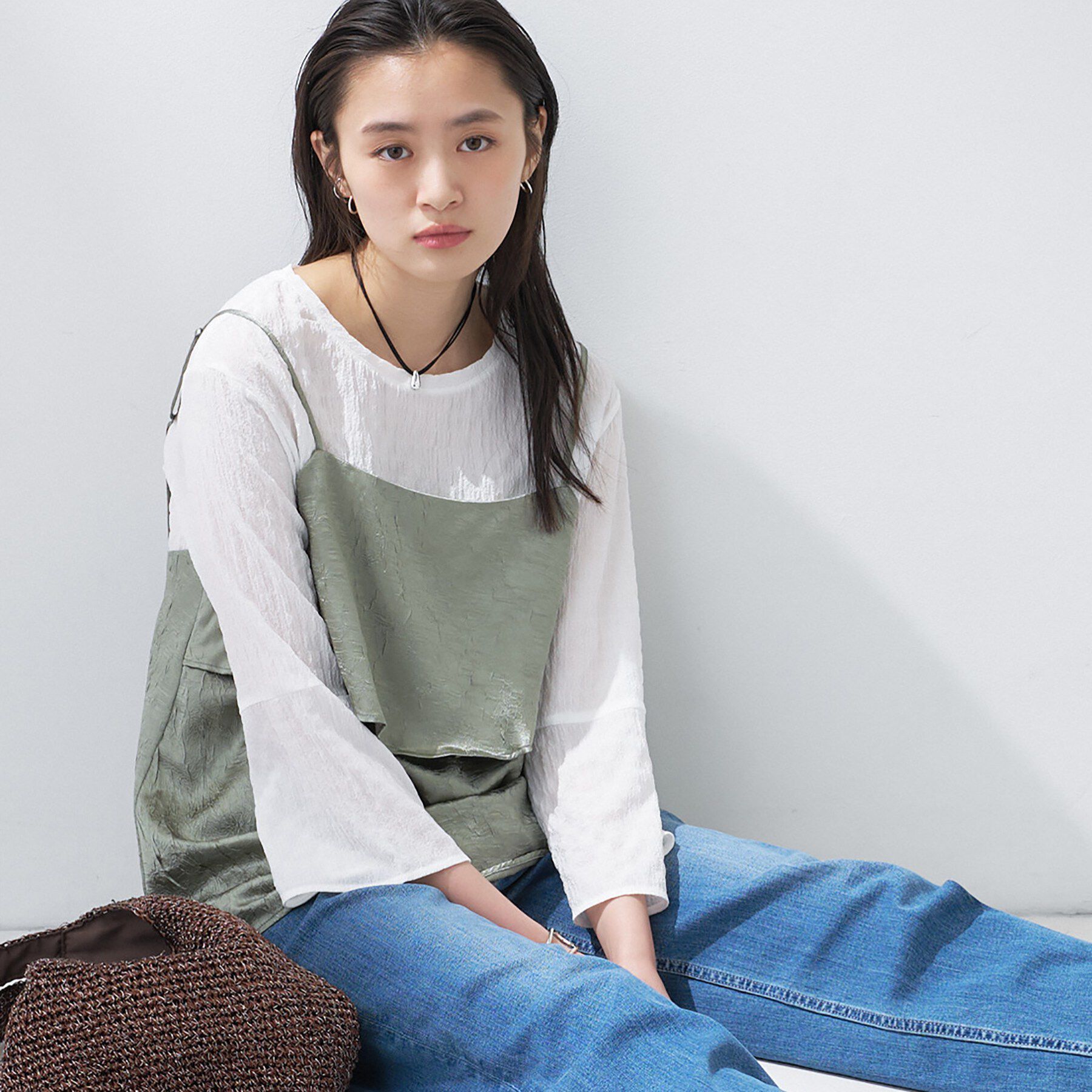 INDIVI「【2点セット／洗える】カセット服 キャミ＆ブラウス セットトップス」|その他|オリーブグリーン(0