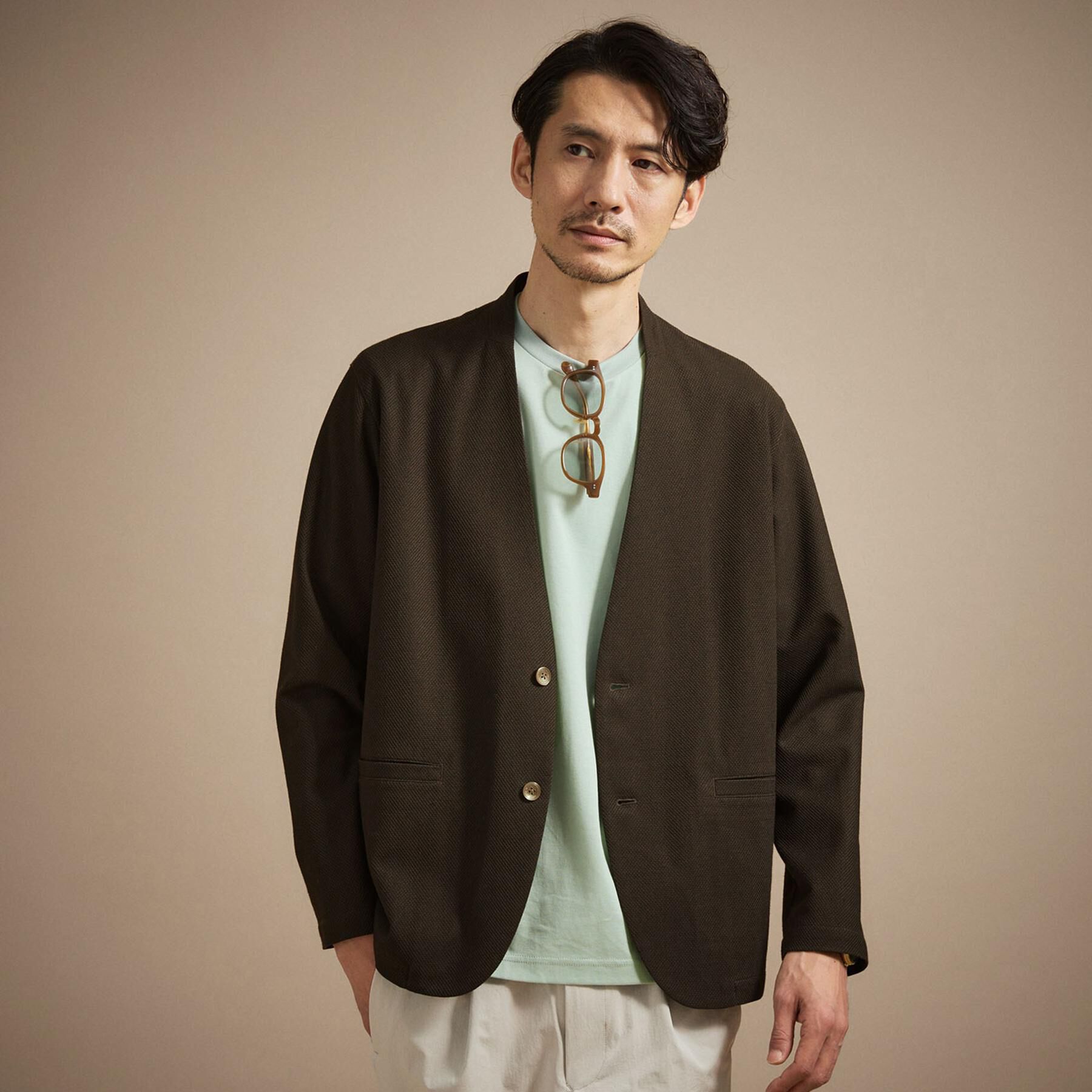 TAKEO KIKUCHI「【抗菌防臭】バーズアイメッシュノーカラージャケット」|カーディガン|ブラウン(044)