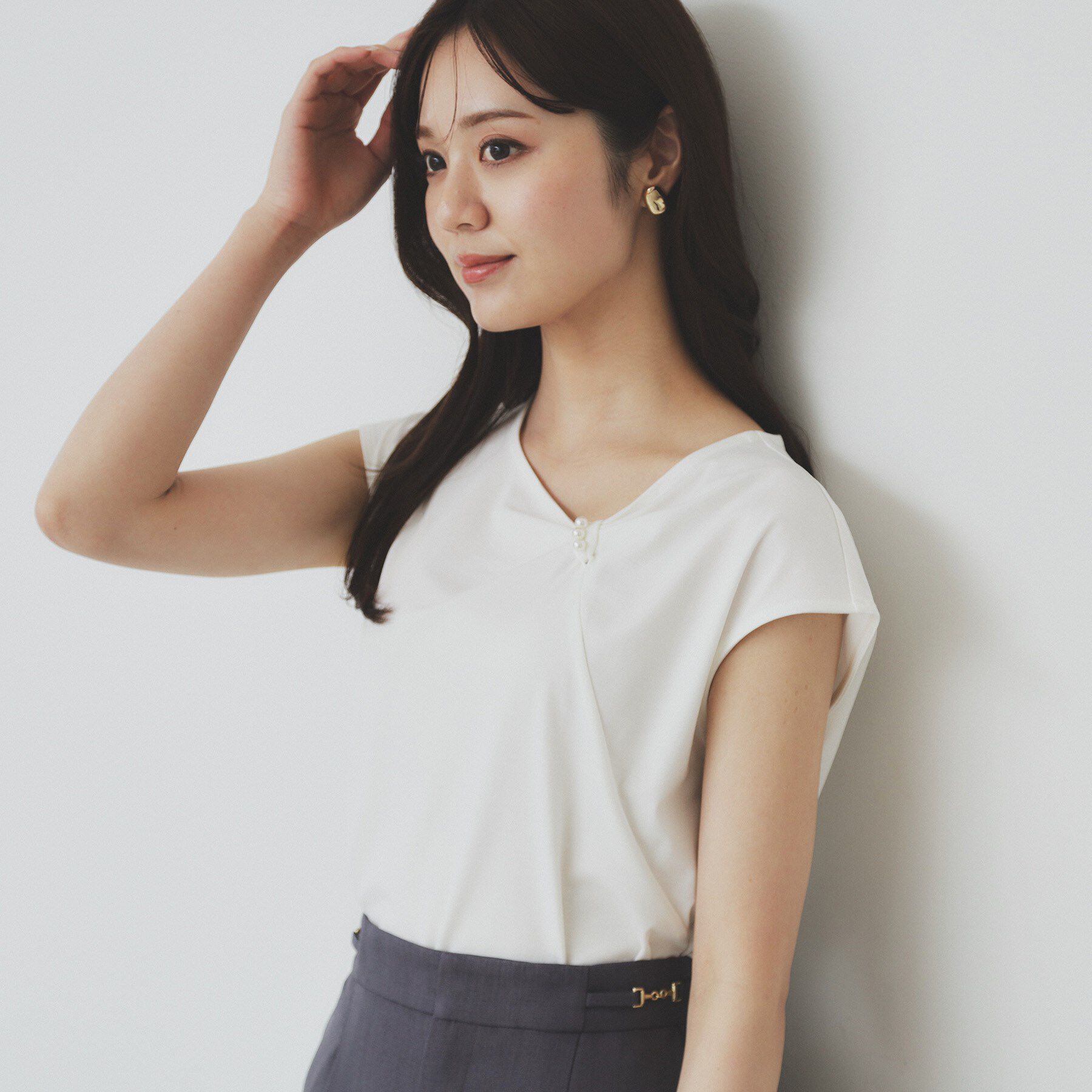 index「アシメリボンフレンチトップス【接触冷感/UVケア/洗濯機洗い可】」|Tシャツ・カットソー|オフホワイト(003