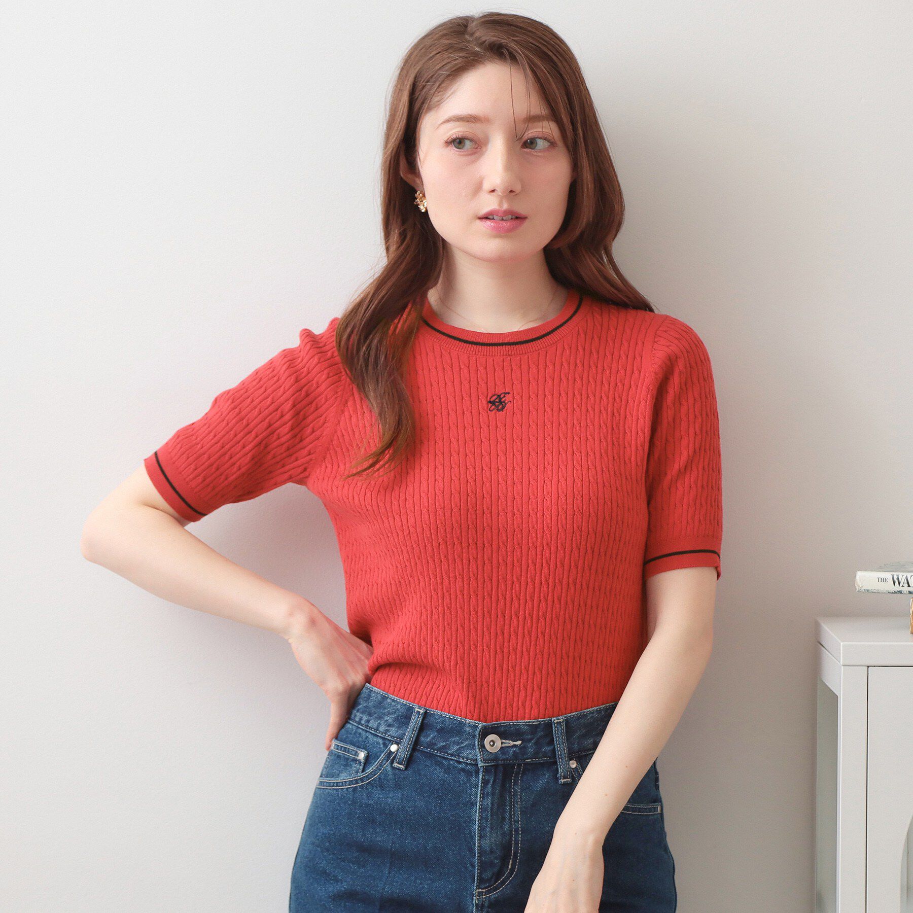 index「オーガニックコットン バイカラーケーブルニット【洗濯機OK/UVケア】《6col》」|ニット・セーター|レッド(062)