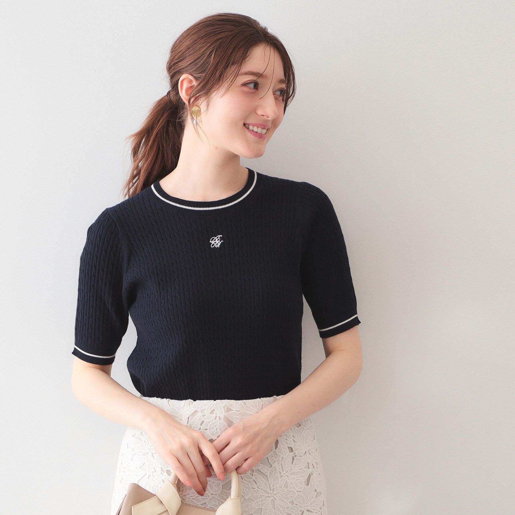 index「オーガニックコットン バイカラーケーブルニット【洗濯機OK/UVケア】《6col》」|ニット・セーター|ネイビー(094)