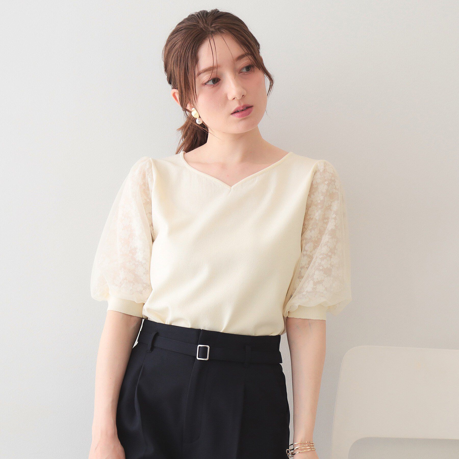 index「レーススリーブハートネックニット【洗濯機OK/UVケア/抗ピル】《XS～LL》」|ニット・セーター|