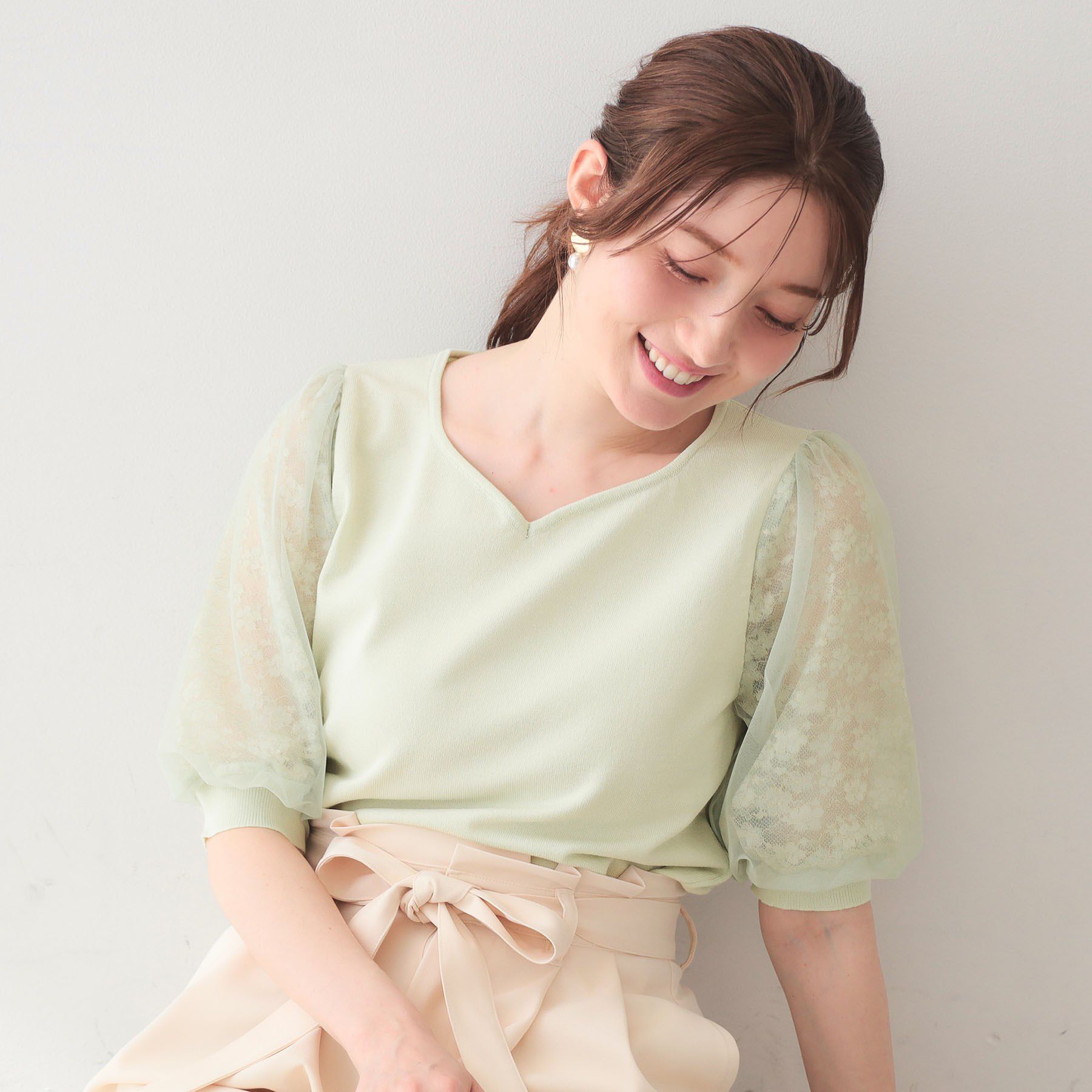 index「レーススリーブハートネックニット【洗濯機OK/UVケア/抗ピル】《XS～LL》」|ニット・セーター|ミントグリーン(02