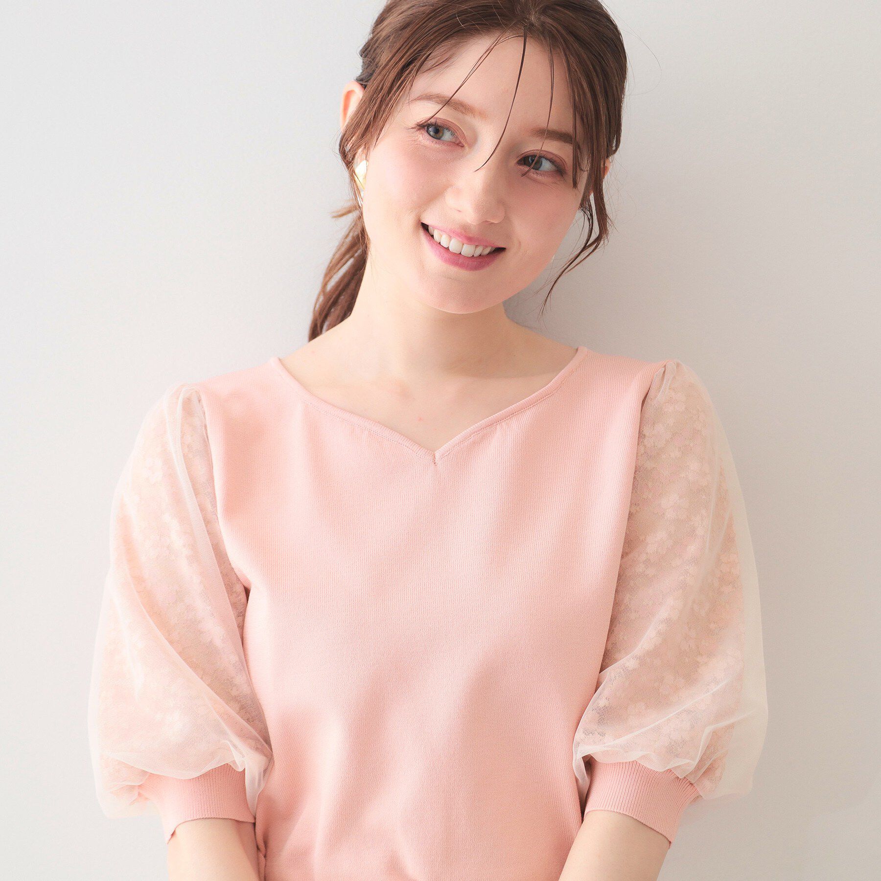 index「レーススリーブハートネックニット【洗濯機OK/UVケア/抗ピル】《XS～LL》」|ニット・セーター|ピンク(071)