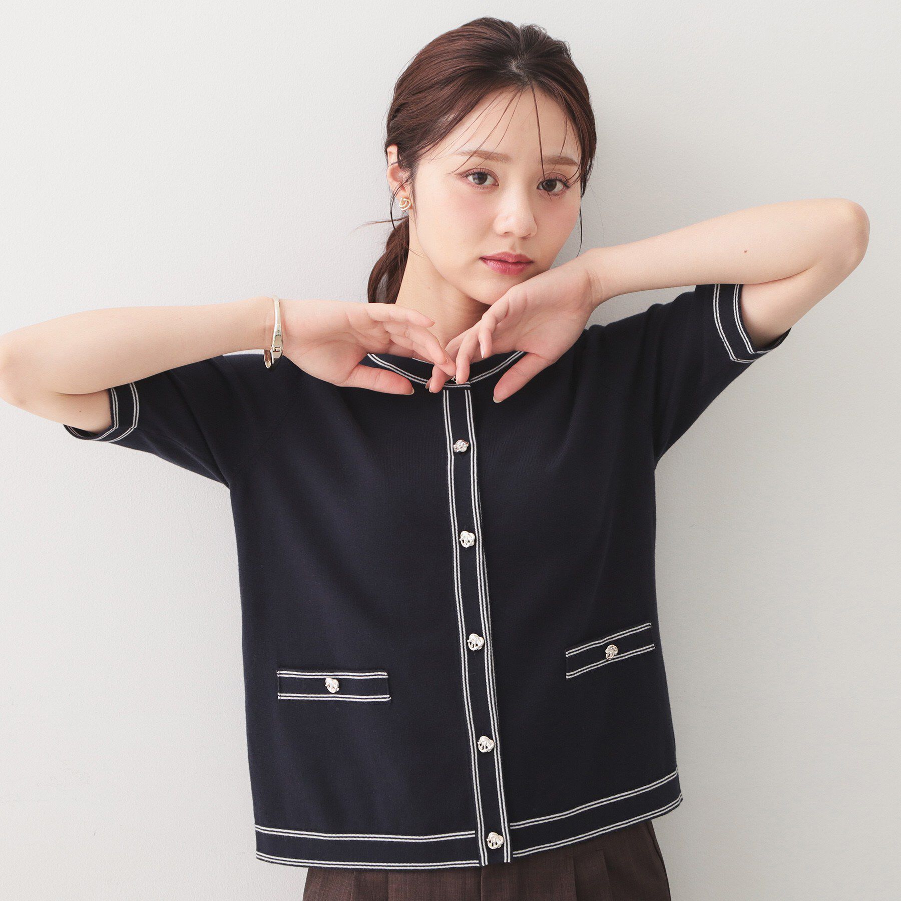 index「バイカラーダブルライン半袖カーディガン【洗濯機OK／UVケア】」|カーディガン|