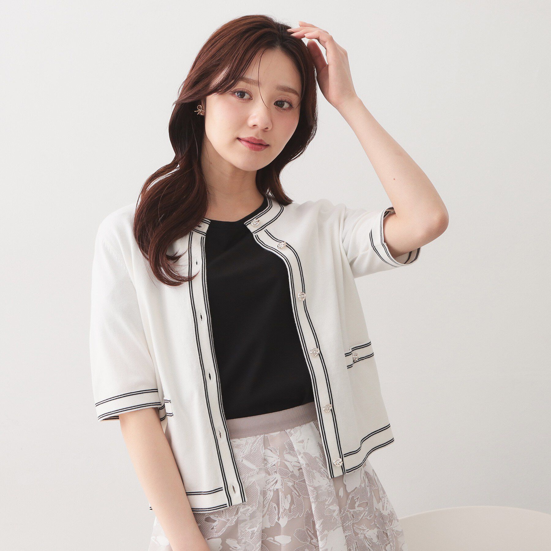 index「バイカラーダブルライン半袖カーディガン【洗濯機OK／UVケア】」|カーディガン|