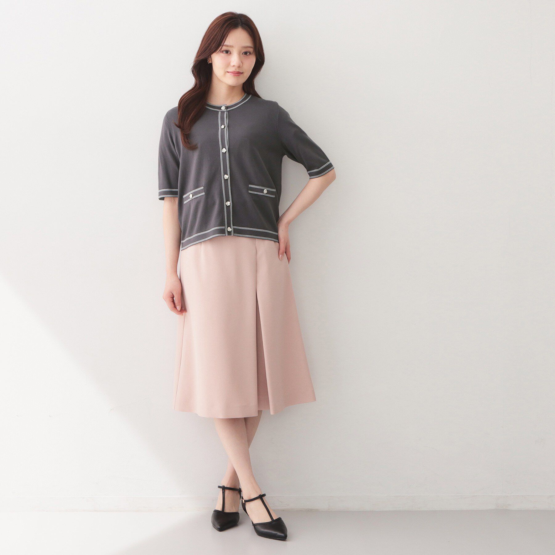 index「バイカラーダブルライン半袖カーディガン【洗濯機OK／UVケア】」|カーディガン|