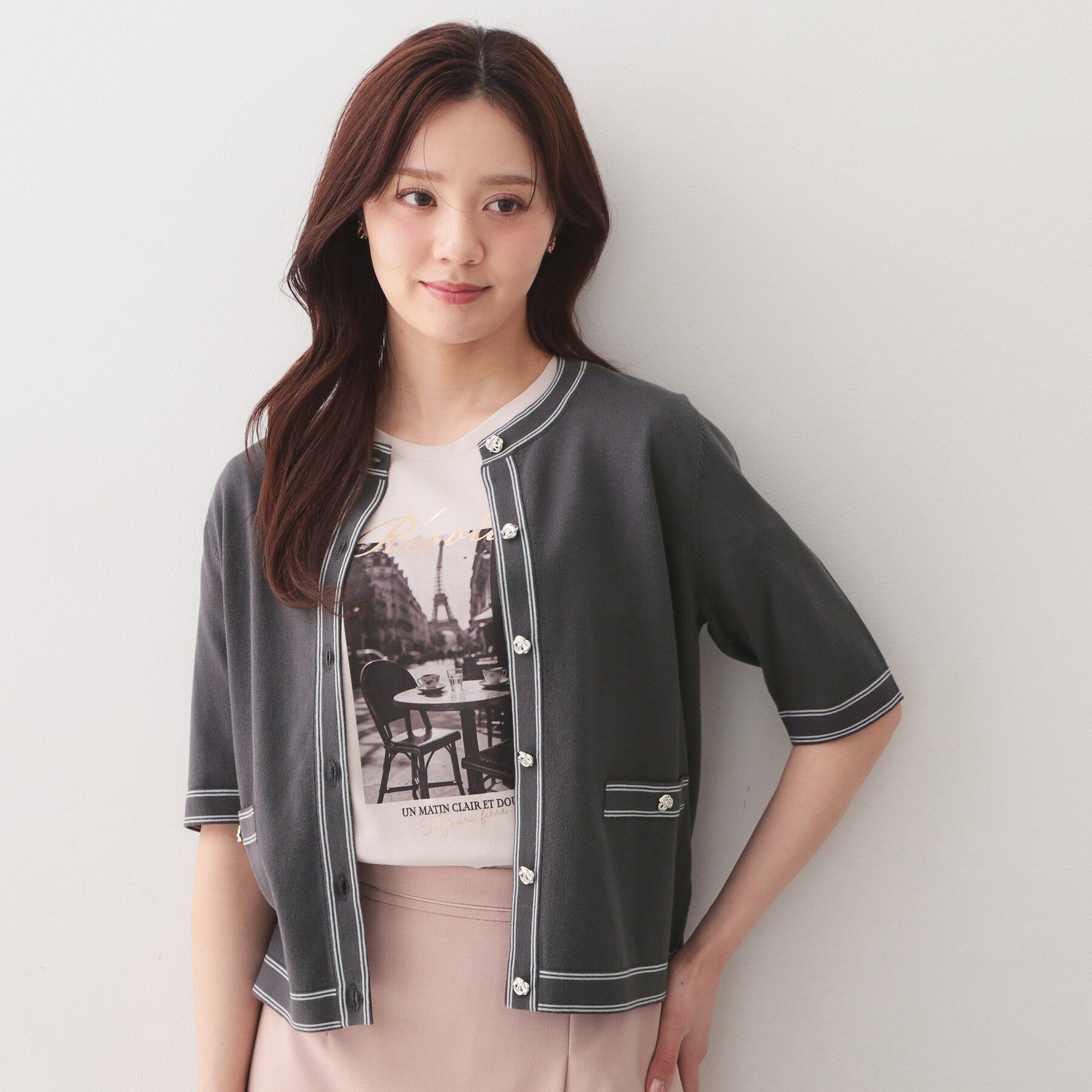 index「バイカラーダブルライン半袖カーディガン【洗濯機OK／UVケア】」|カーディガン|