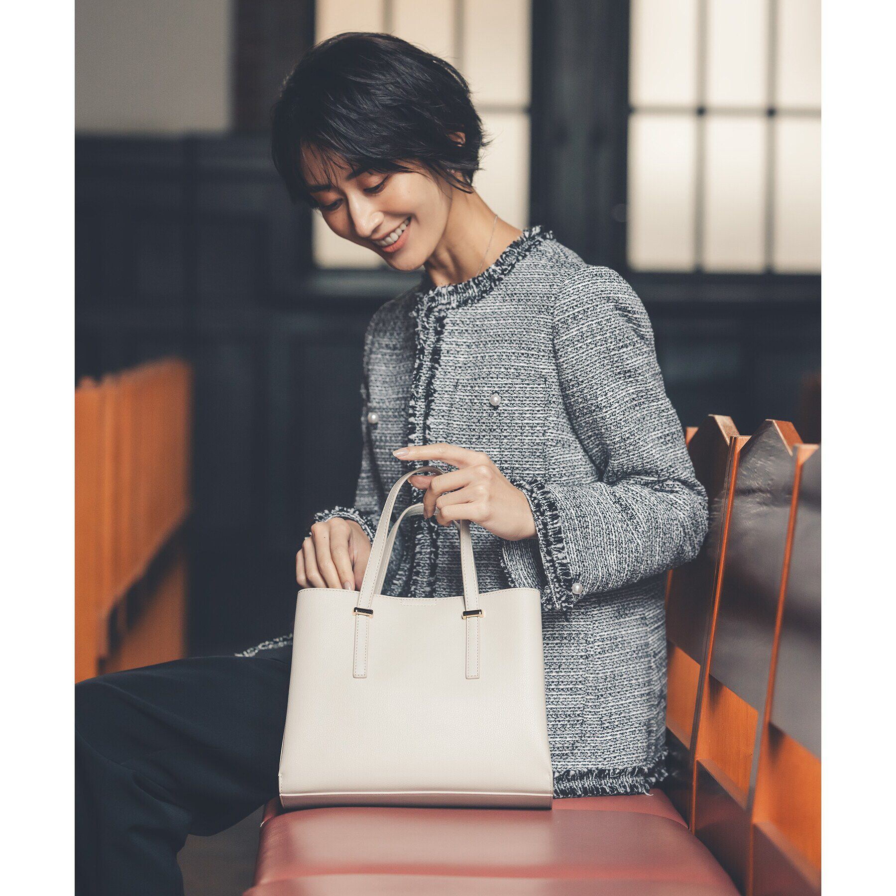 OPAQUE.CLIP「《通勤対応》コットンツイードミドルジャケット」|ノーカラージャケット|