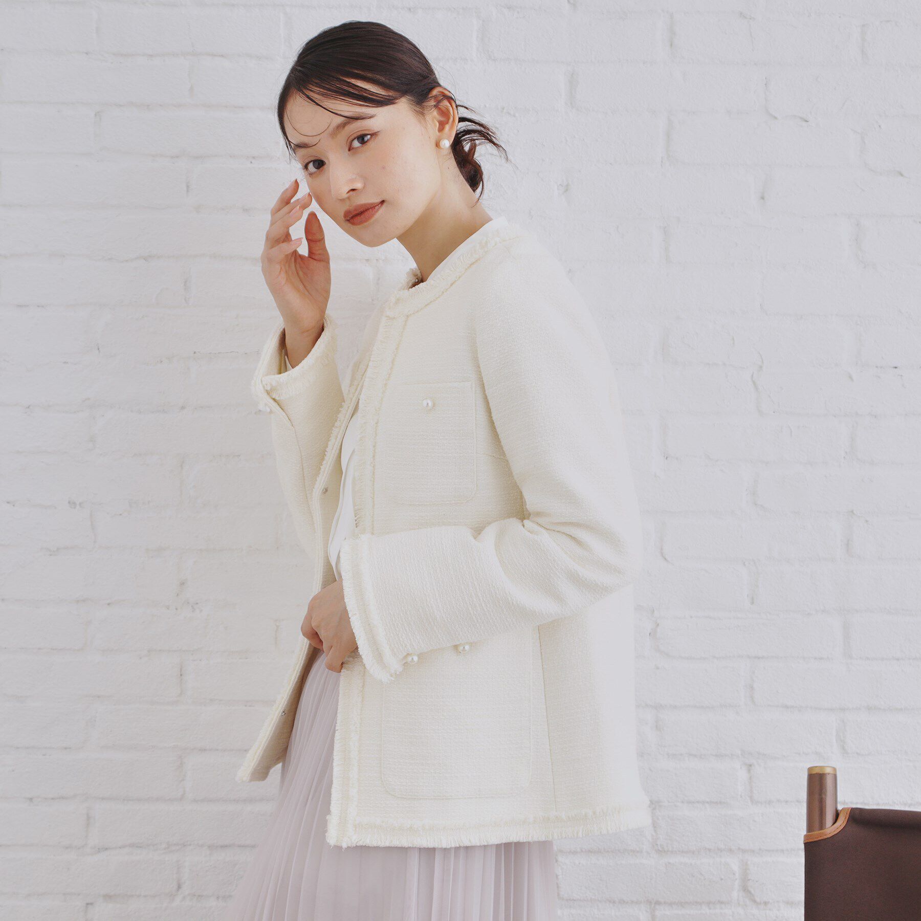 OPAQUE.CLIP「《通勤対応》コットンツイードミドルジャケット」|ノーカラージャケット|