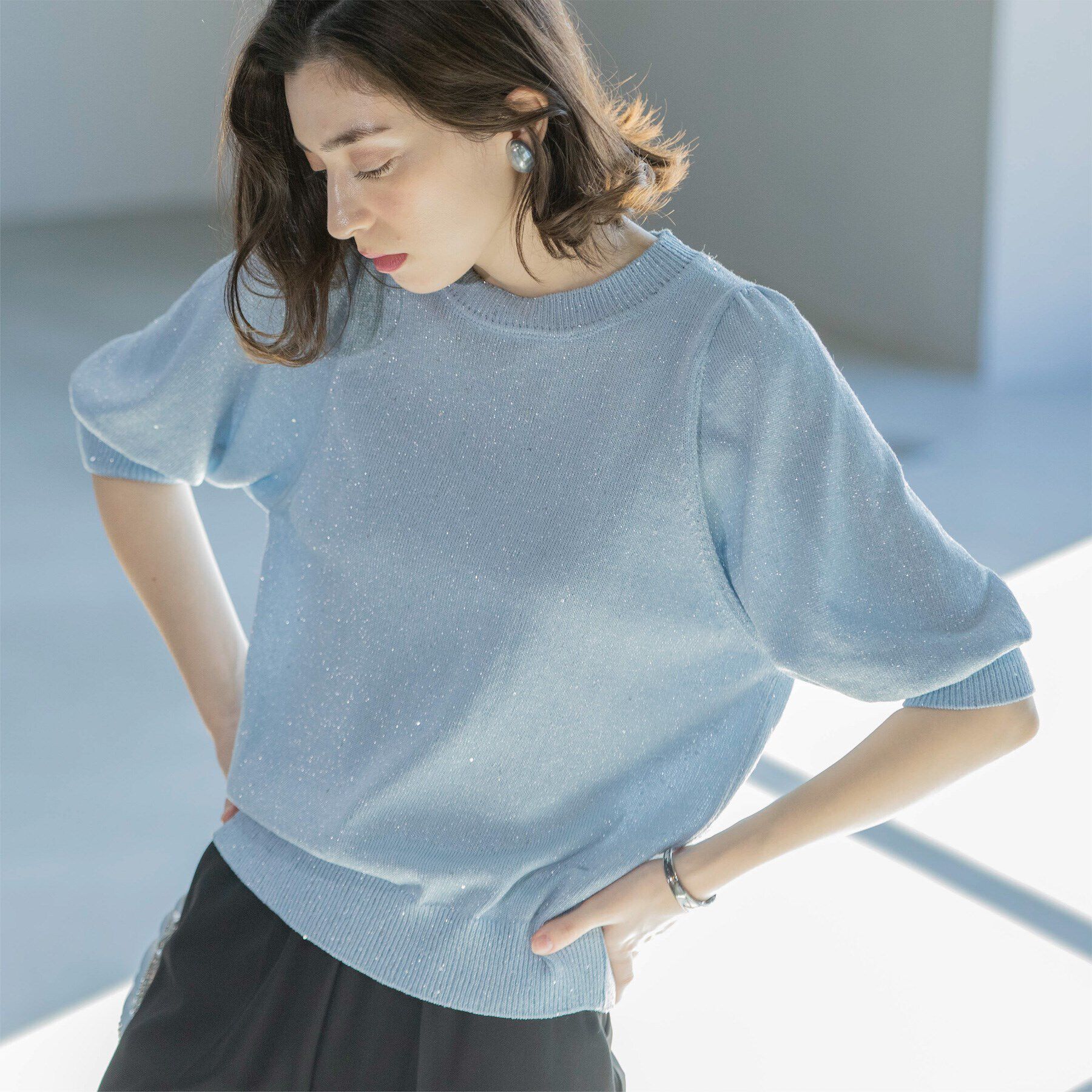 OPAQUE.CLIP「スパンコールパフスリーブニット」|ニット・セーター|ブルー(691)