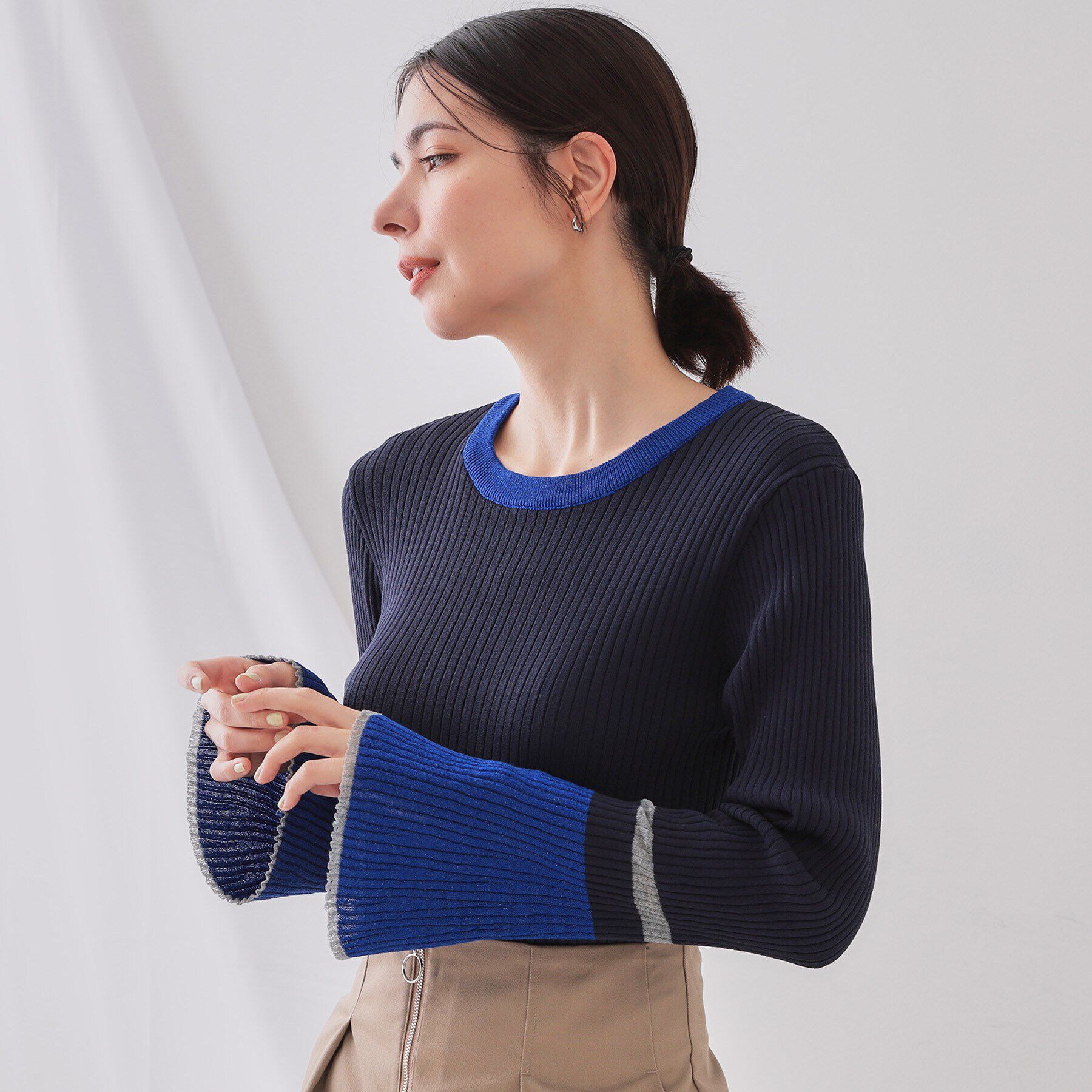 OPAQUE.CLIP「配色フレアスリーブワイドリブニット【洗濯機洗い可】」|ニット・セーター|