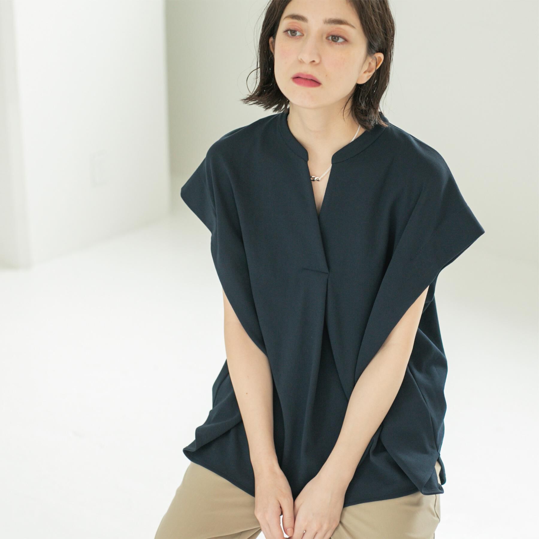 OPAQUE.CLIP「スキッパーフレンチスリーブトップス【UV/吸水速乾/洗濯機洗い可】」|Tシャツ・カットソー|ネイビー(094)