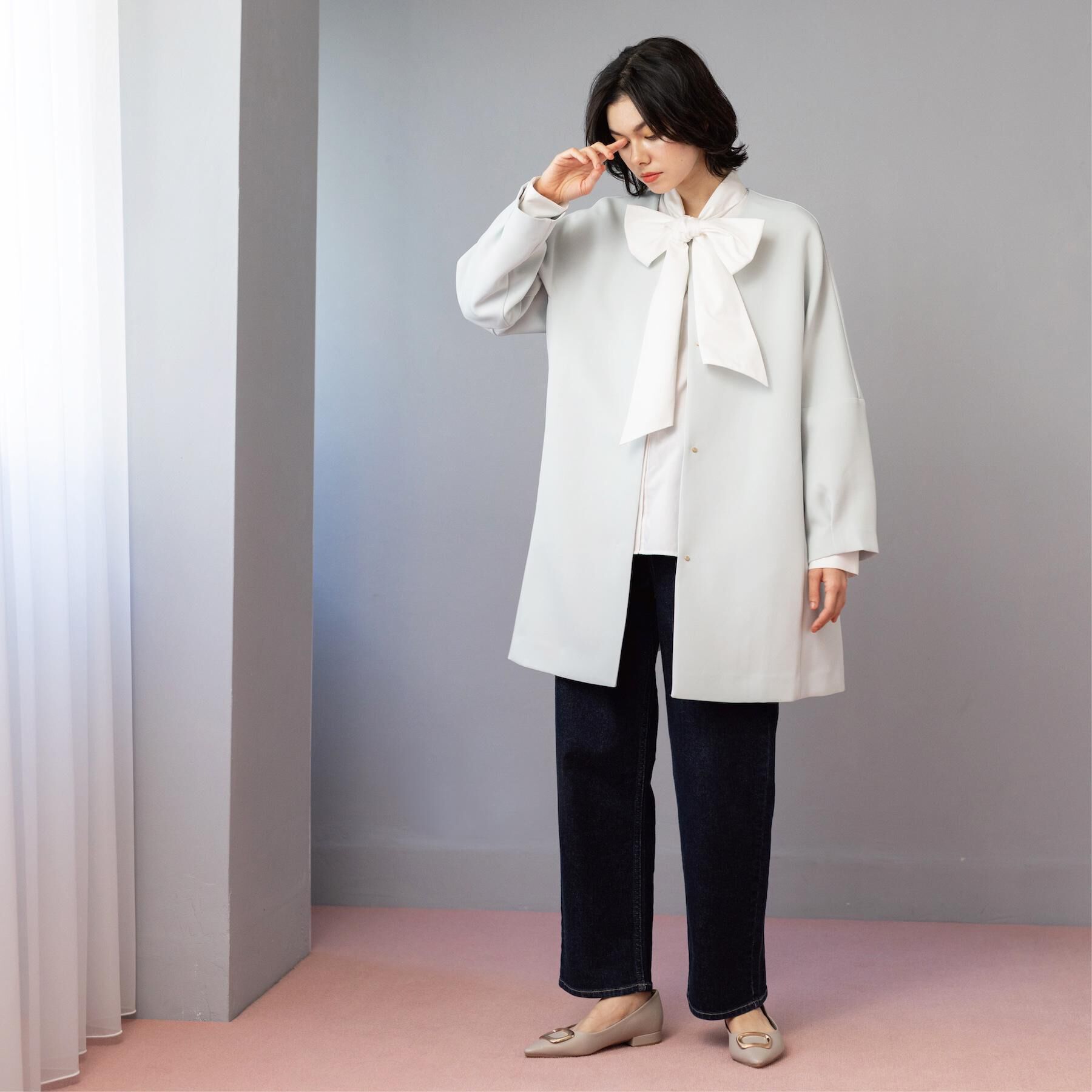 OPAQUE.CLIP「フォルムスリーブミドルコート【洗濯機OK】」|ノーカラーコート|