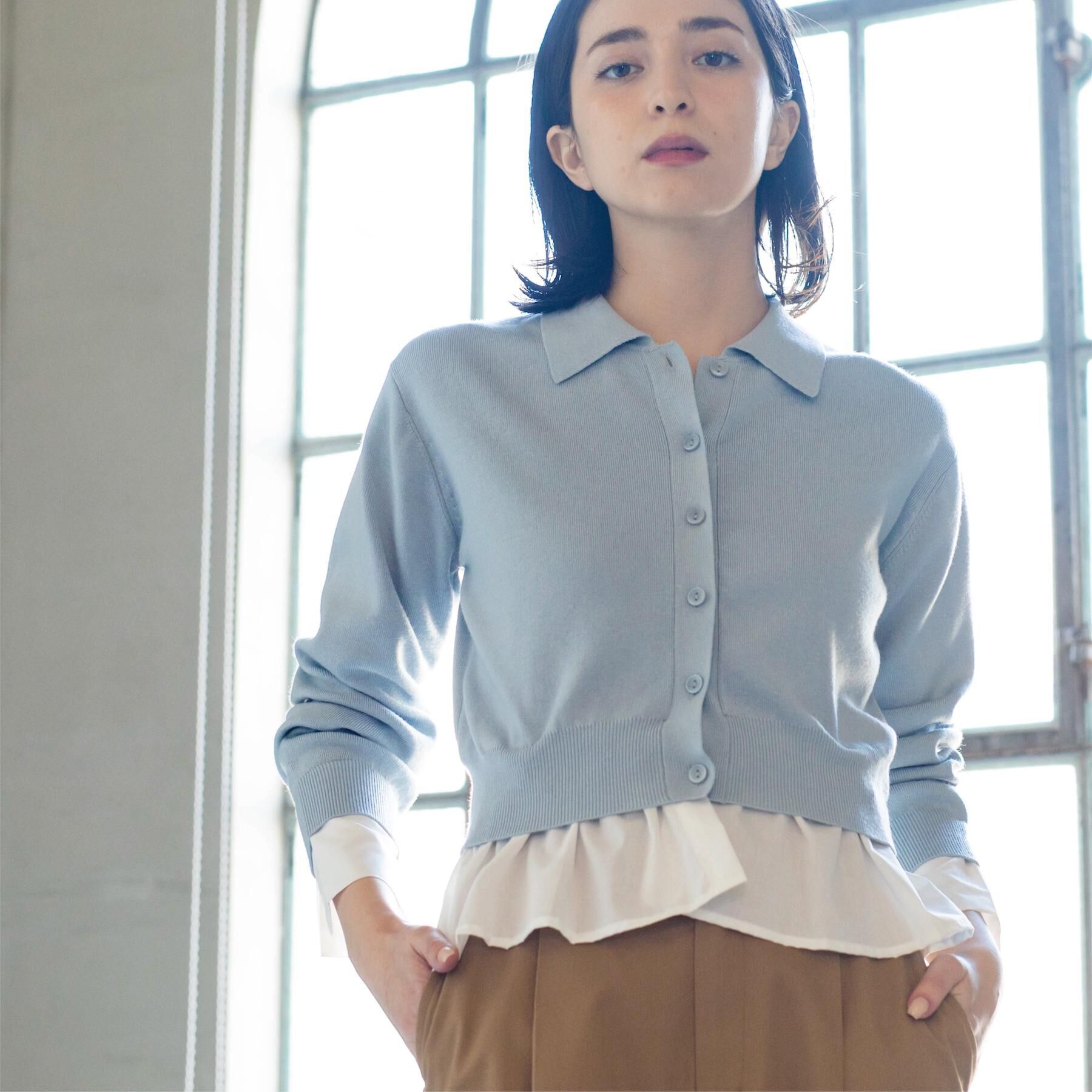 OPAQUE.CLIP「ポロ衿シャツドッキングニット【洗濯機OK】」|カーディガン|サックスブルー(09