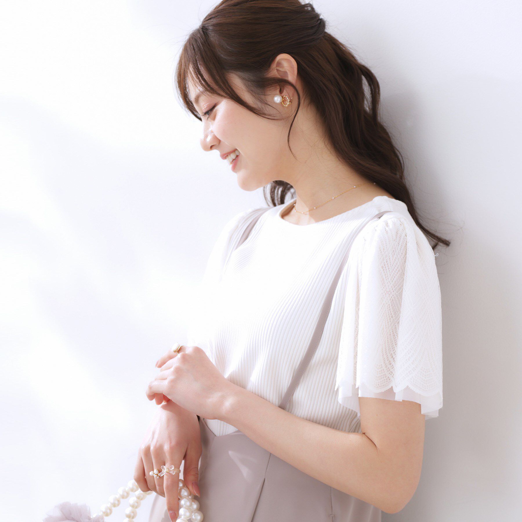 Couture broach「【二の腕カバー・通勤】レース袖テレコトップス」|Tシャツ・カットソー|