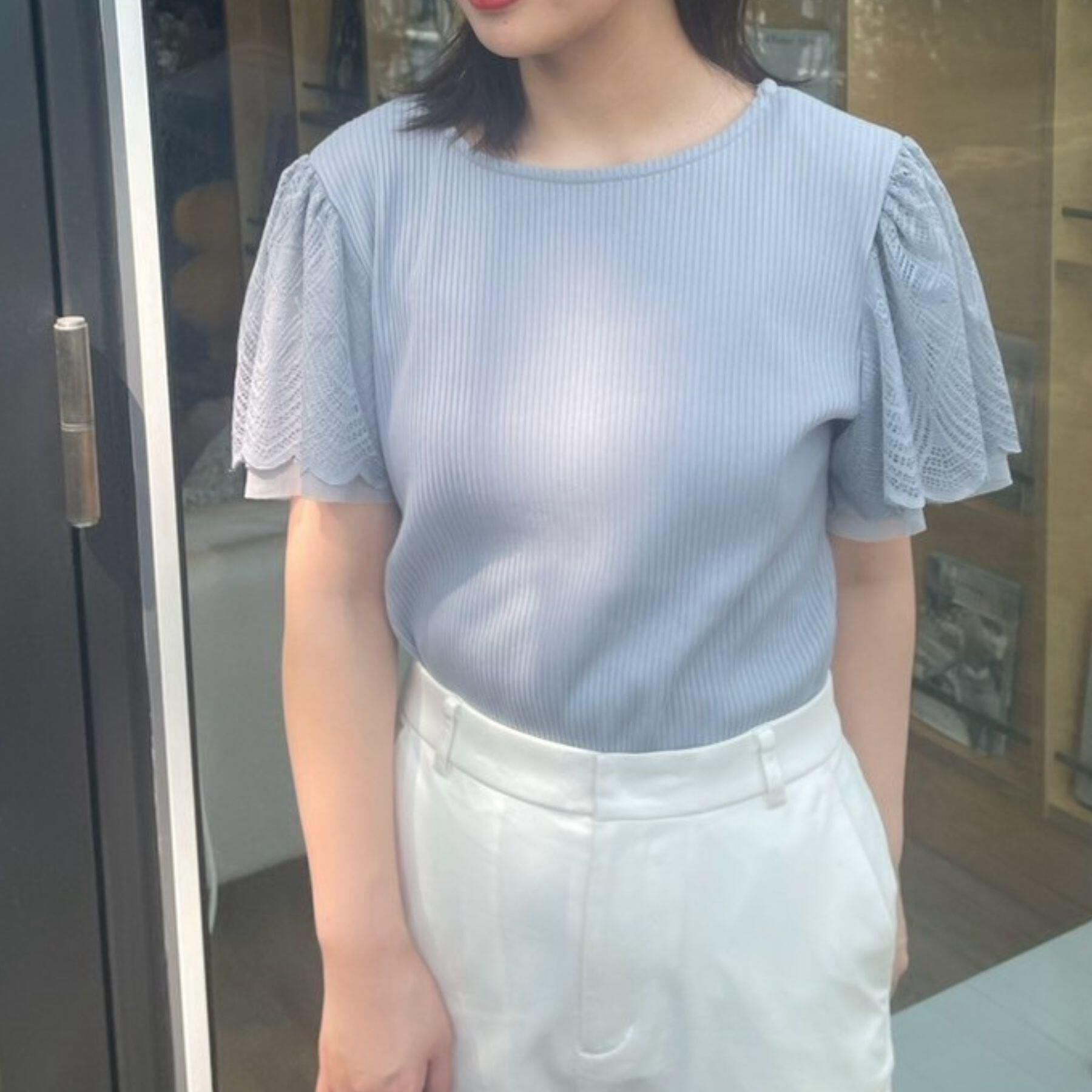 Couture broach「【二の腕カバー・通勤】レース袖テレコトップス」|Tシャツ・カットソー|