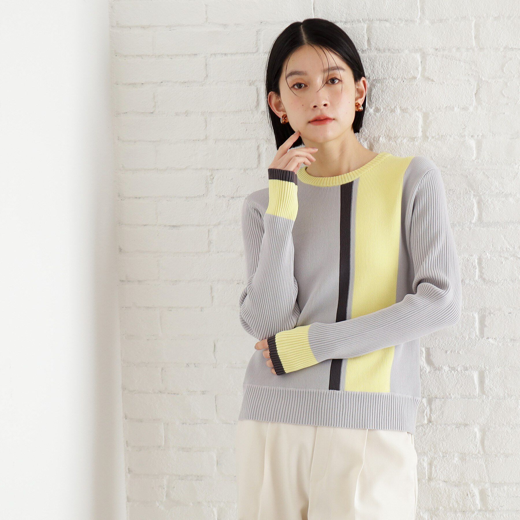 THE SHOP TK「配色リブニット【洗える】」|ニット・セーター|グレー(512)