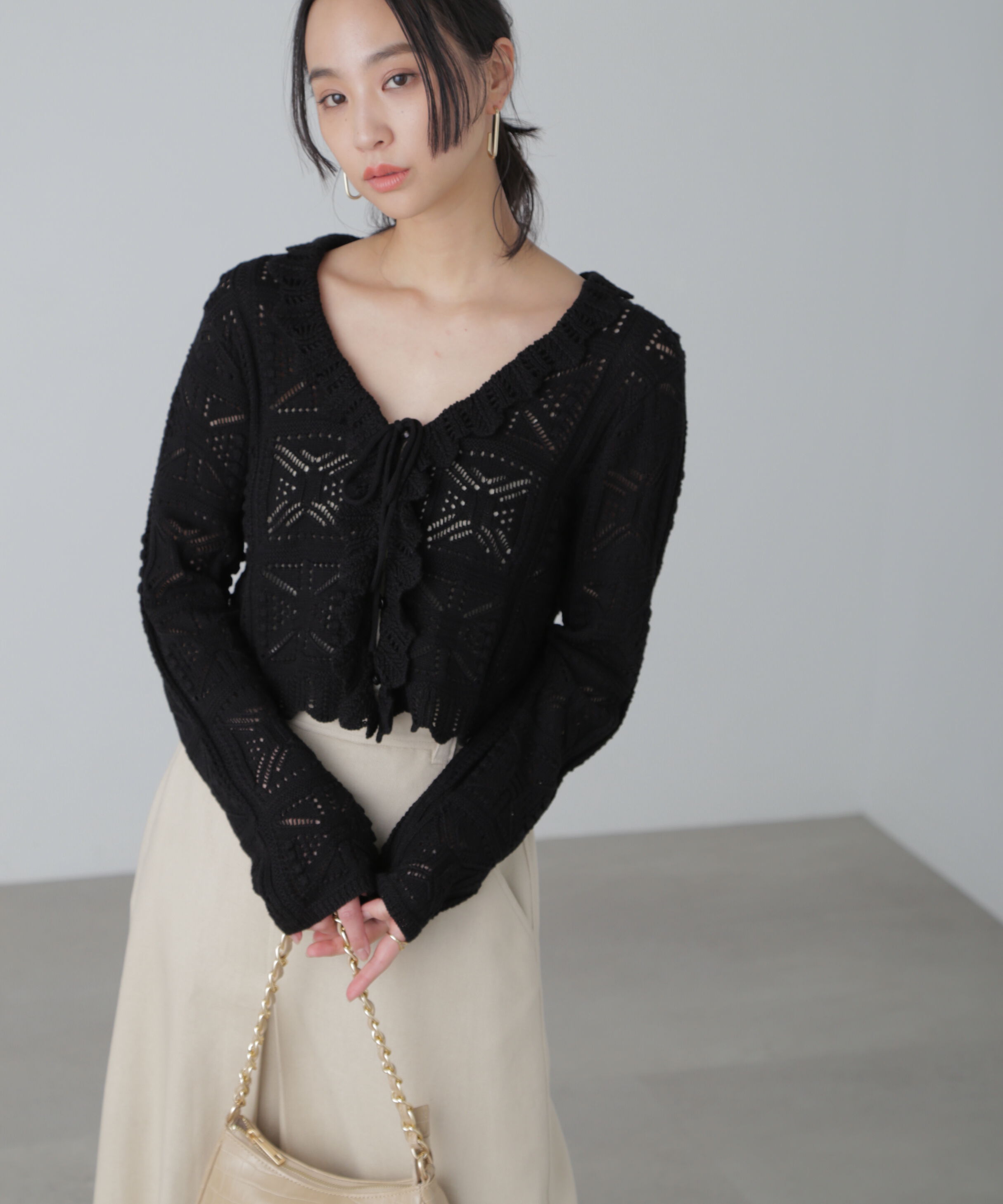  「透かし編みクロップドニットカーディガン」|ニット・セーター|