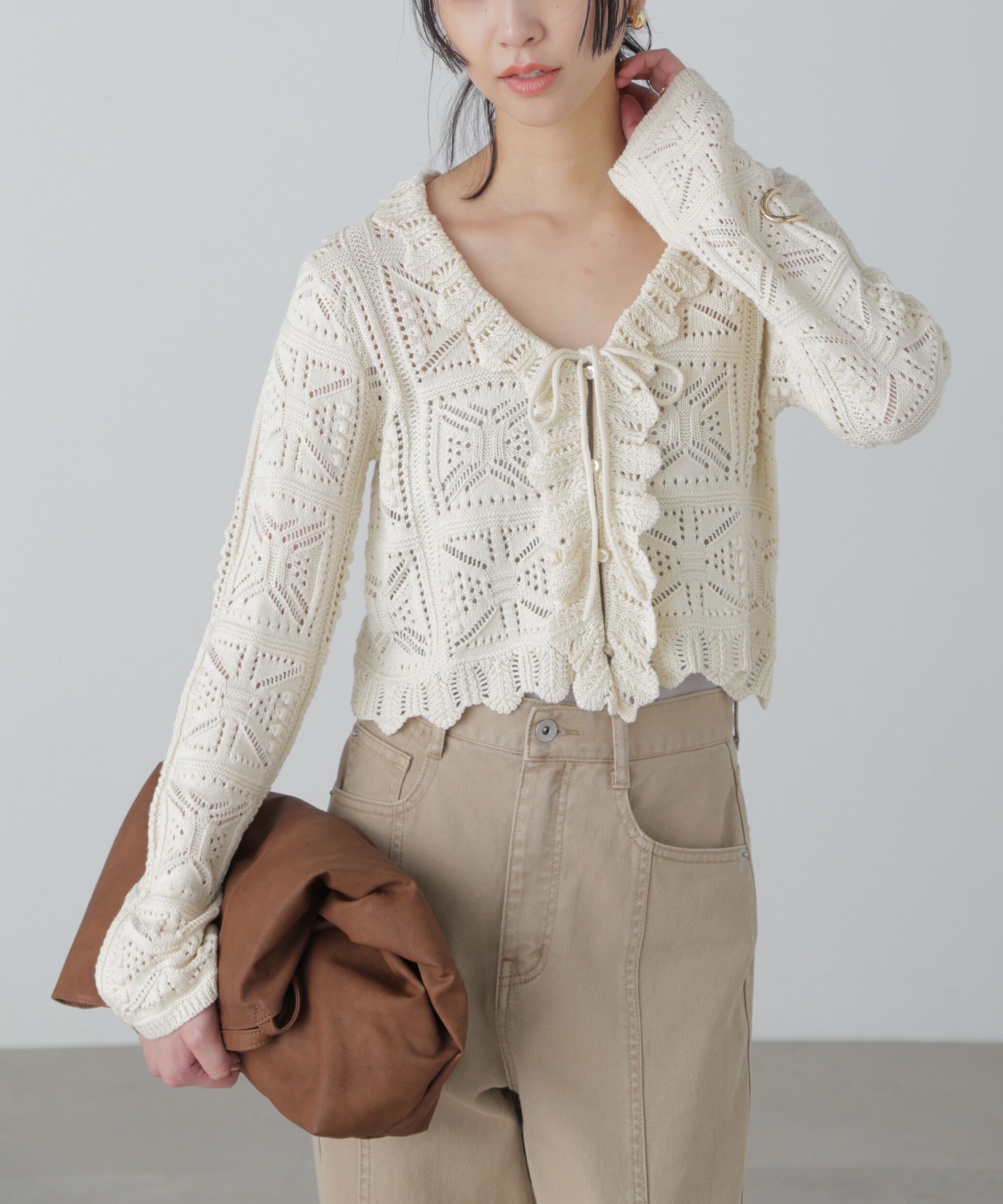  「透かし編みクロップドニットカーディガン」|ニット・セーター|