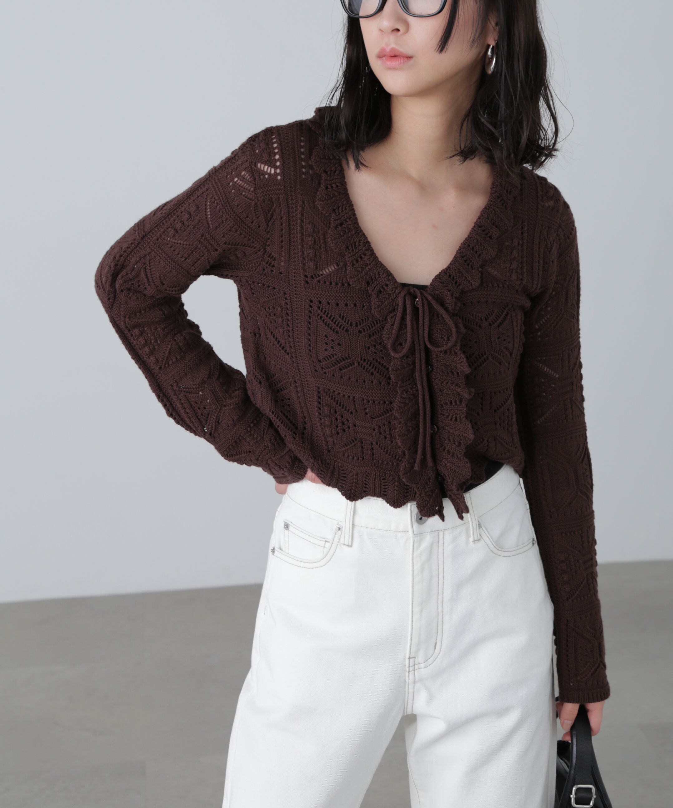  「透かし編みクロップドニットカーディガン」|ニット・セーター|ブラウン