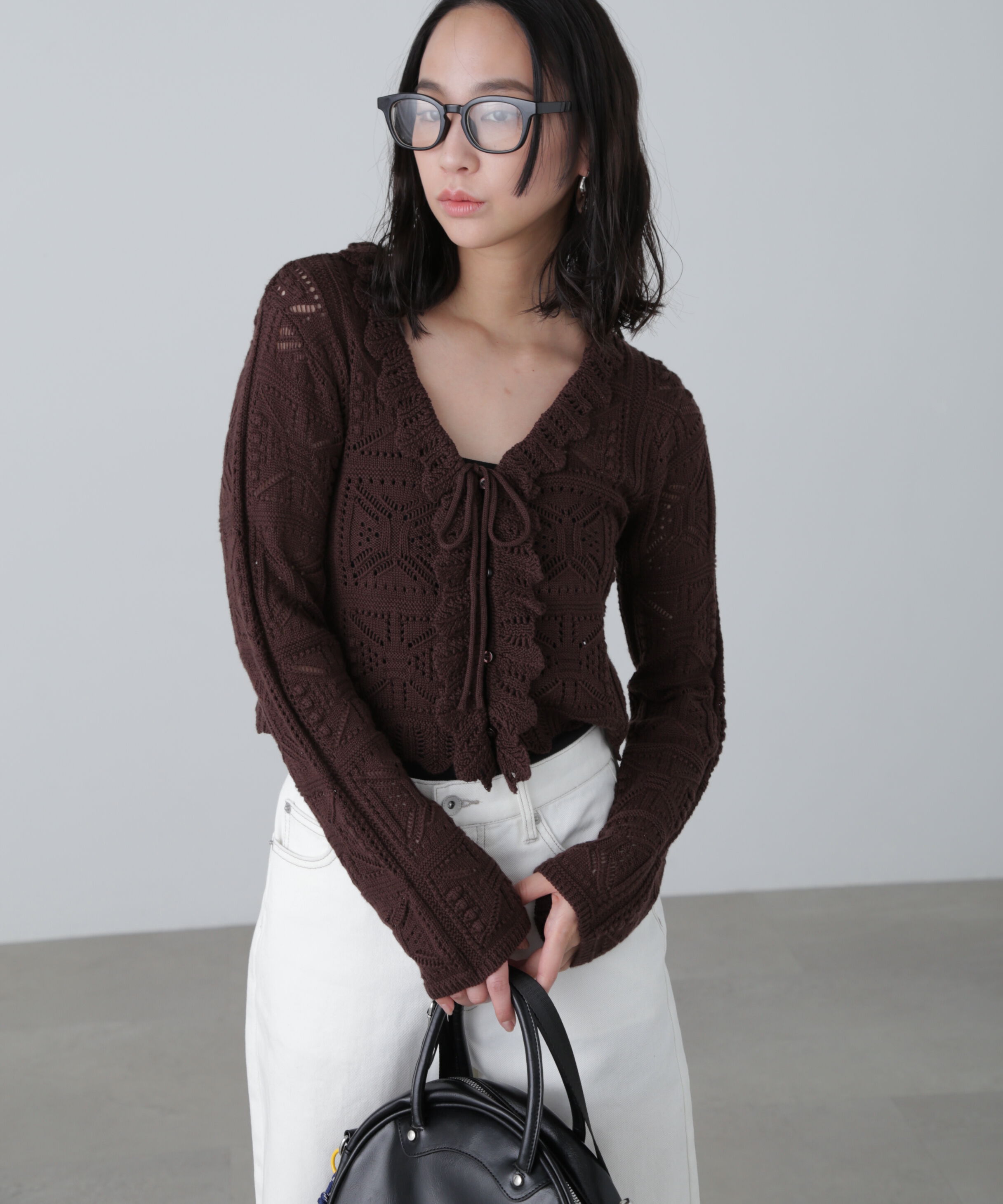  「透かし編みクロップドニットカーディガン」|ニット・セーター|