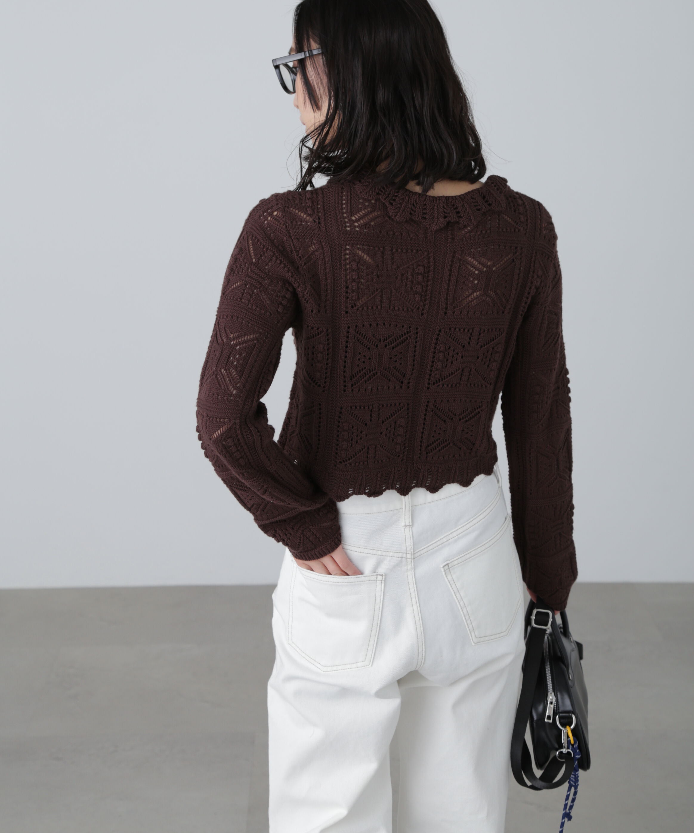  「透かし編みクロップドニットカーディガン」|ニット・セーター|