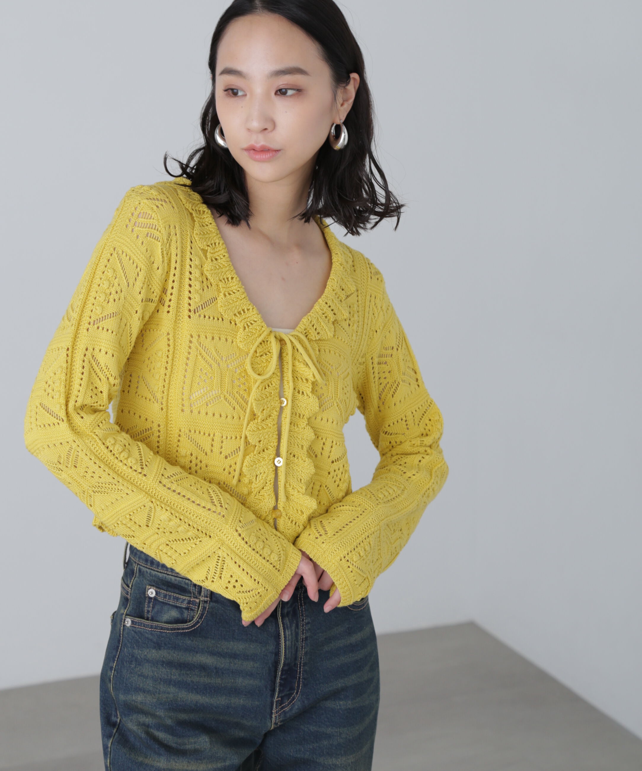  「透かし編みクロップドニットカーディガン」|ニット・セーター|