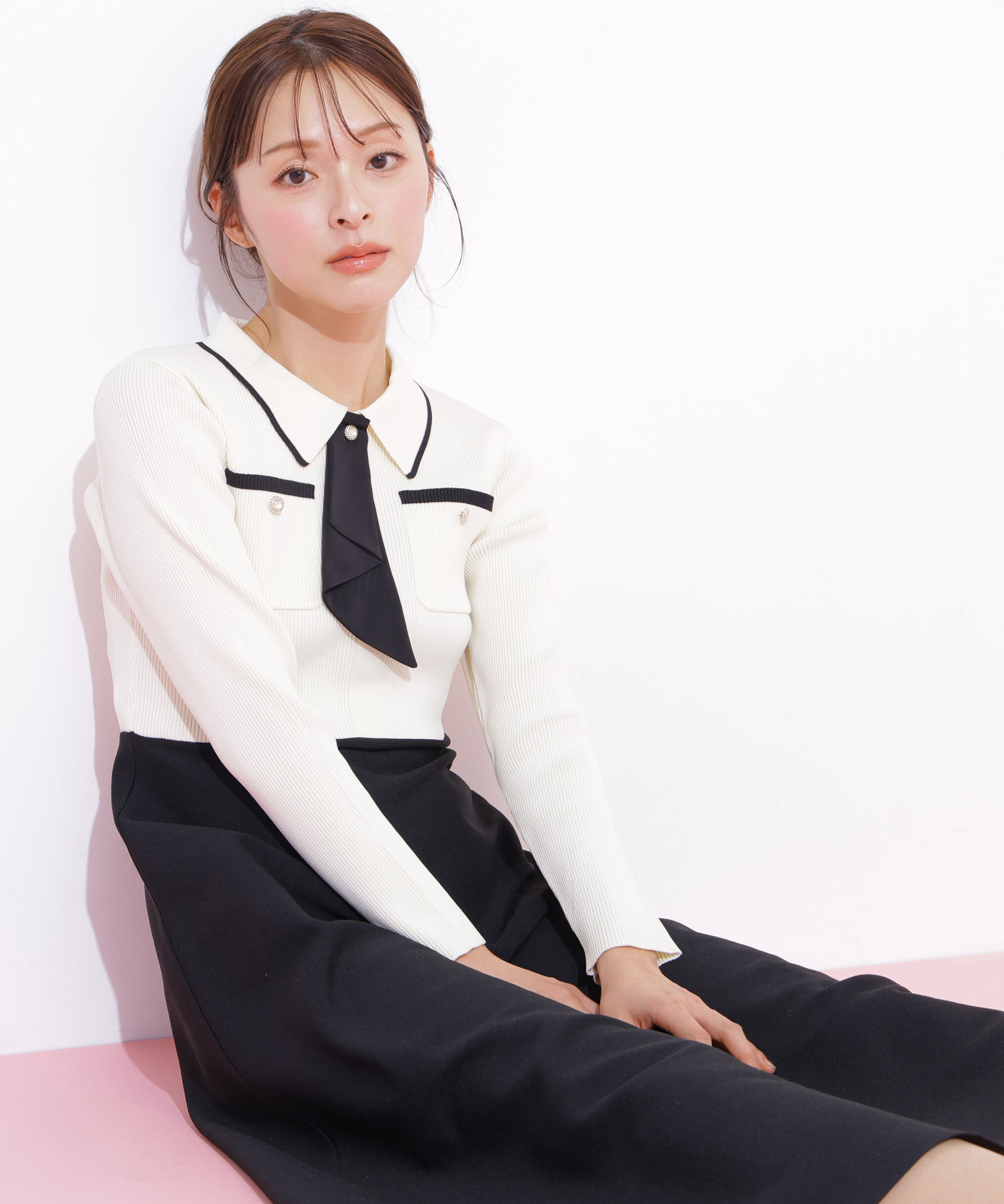  「タイ付きニットワンピース」|ワンピース|ホワイト1