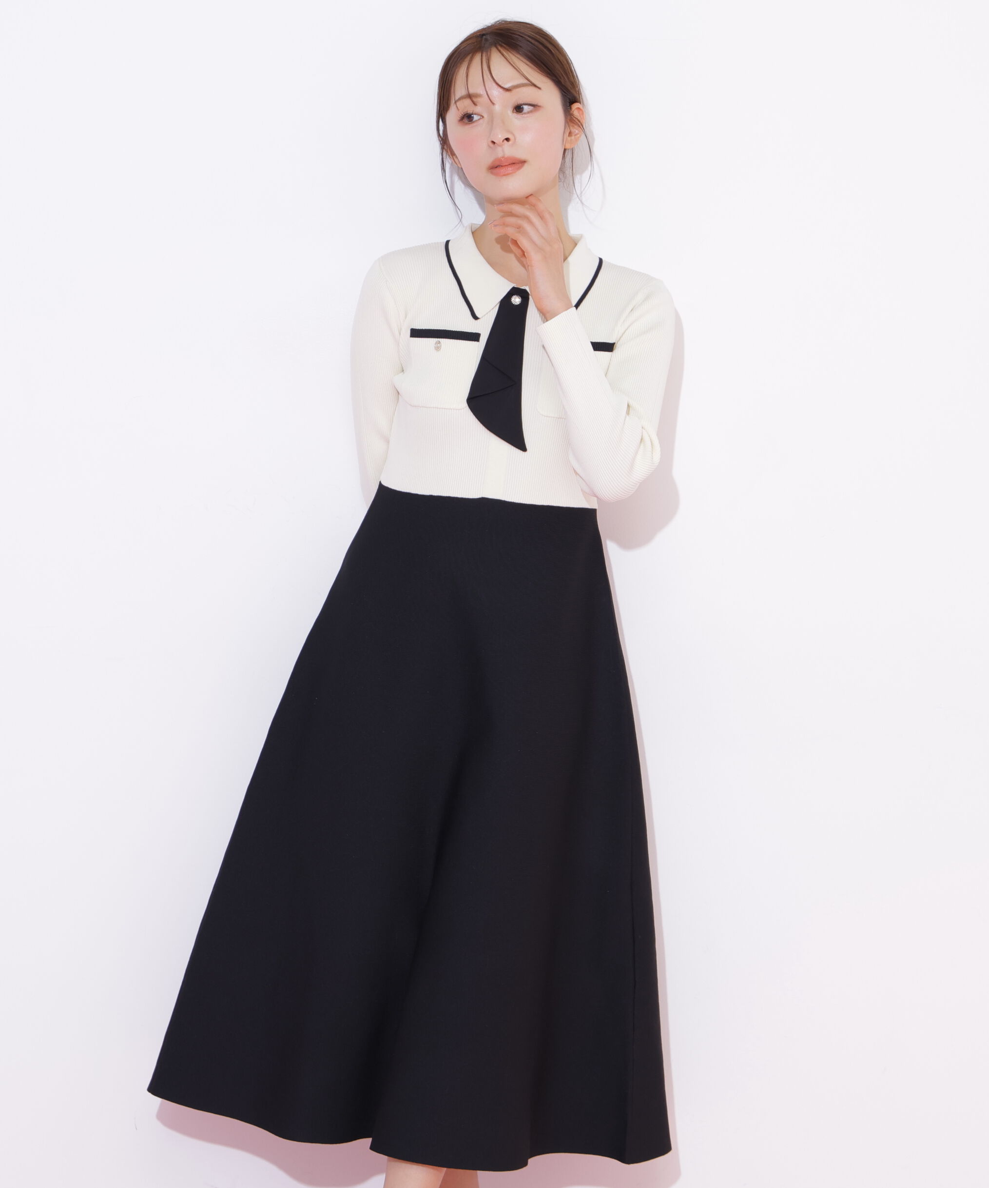  「タイ付きニットワンピース」|ワンピース|