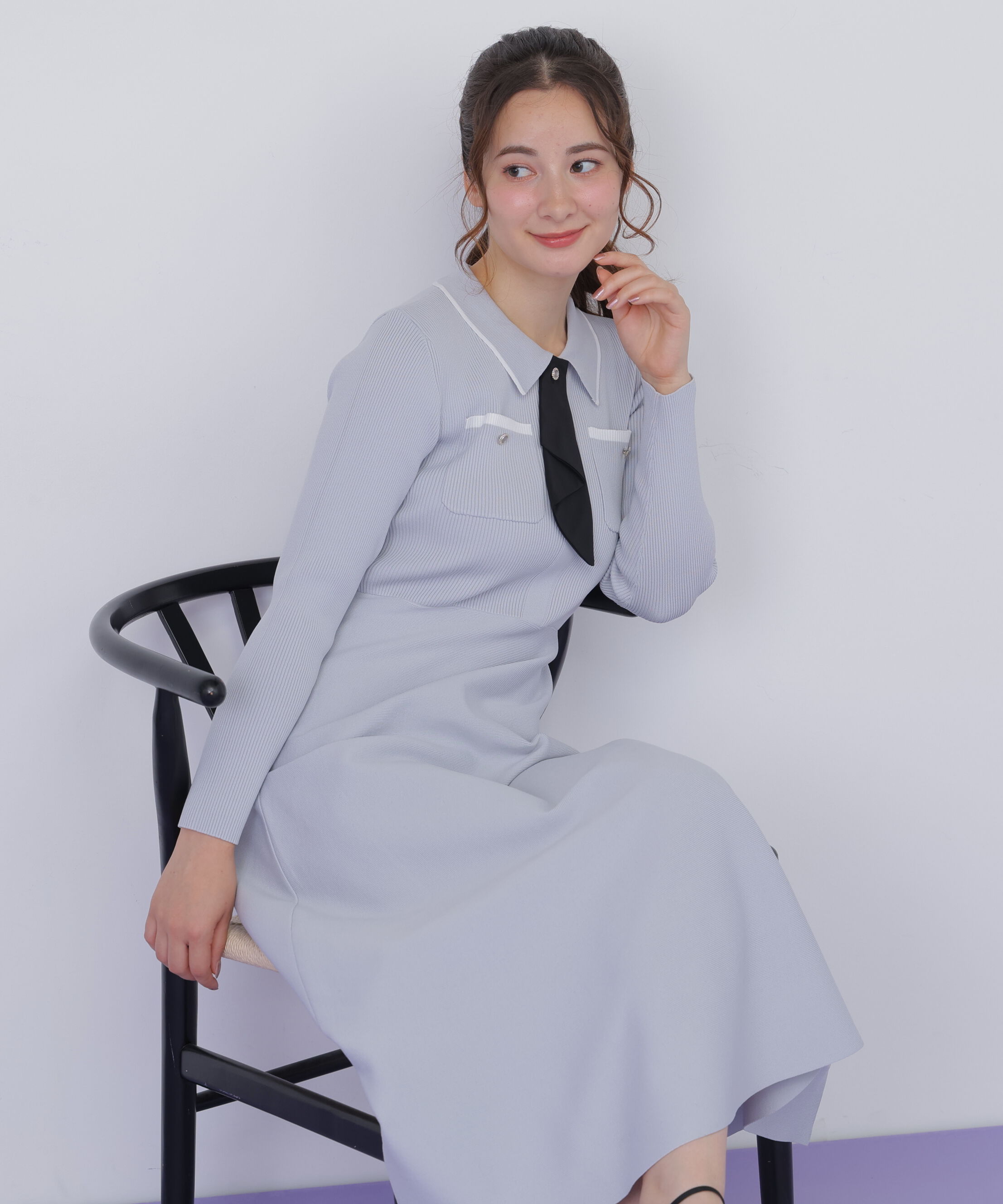  「タイ付きニットワンピース」|ワンピース|ブルー