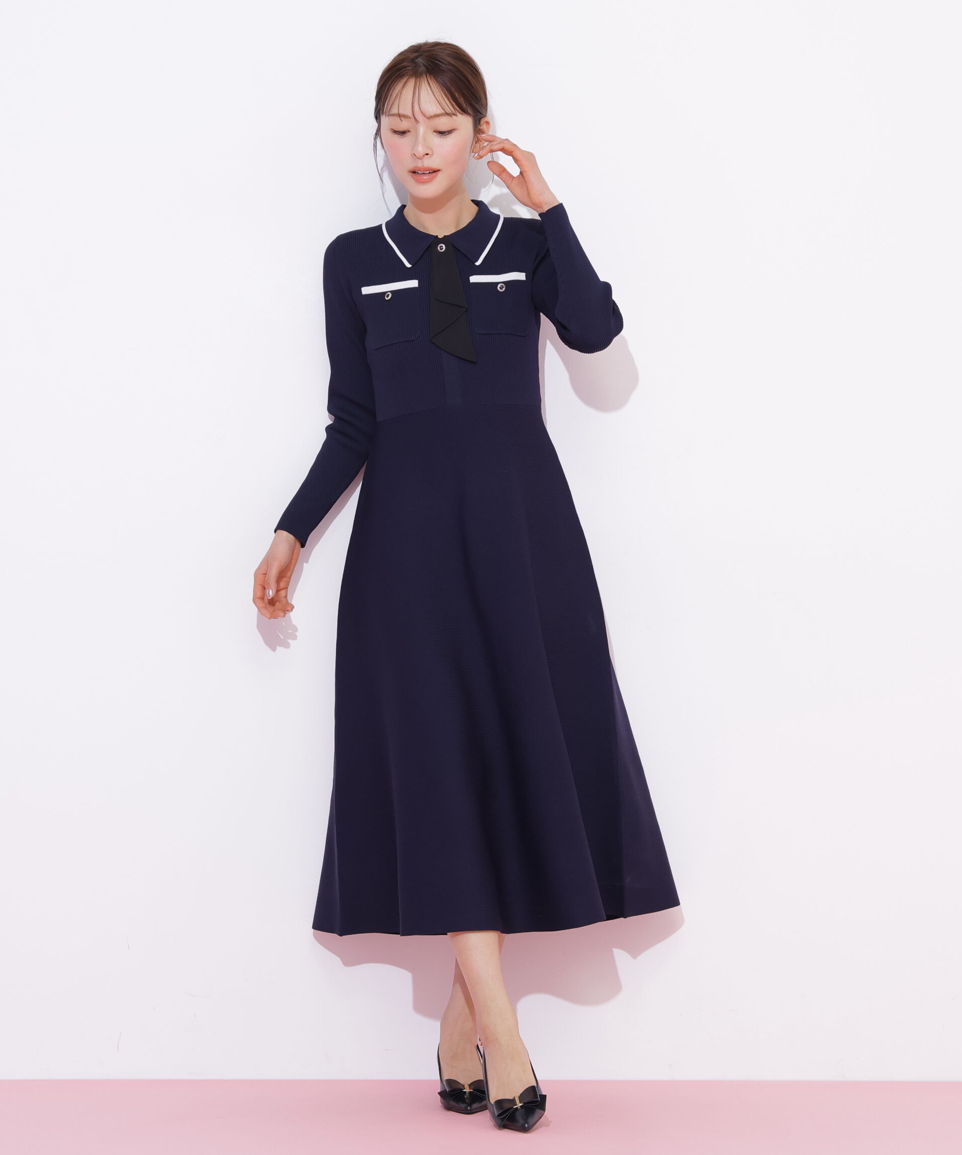  「タイ付きニットワンピース」|ワンピース|