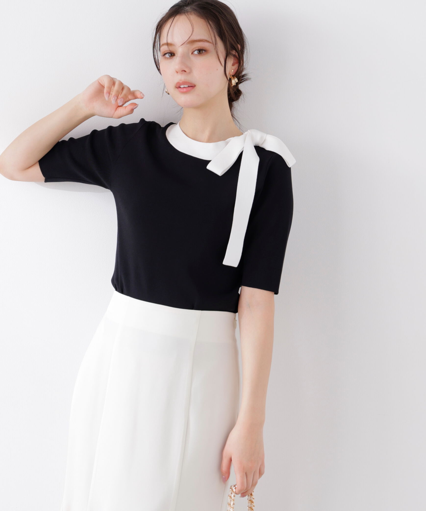 PROPORTION BODY DRESSING「＜UV＞サイドリボンニット　26SS」|ニット・セーター|ブラック&times;エ  1