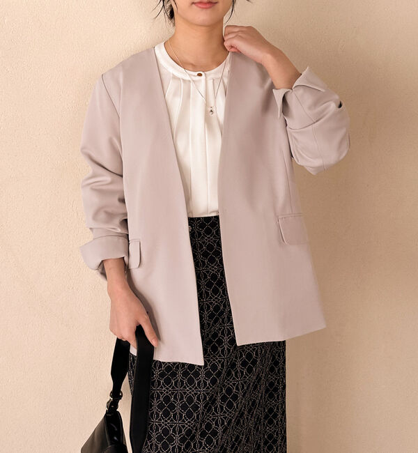 Doux archives「【セットアップ対応】ストレッチＶノーカラージャケット」|テーラードジャケット|GREIGE