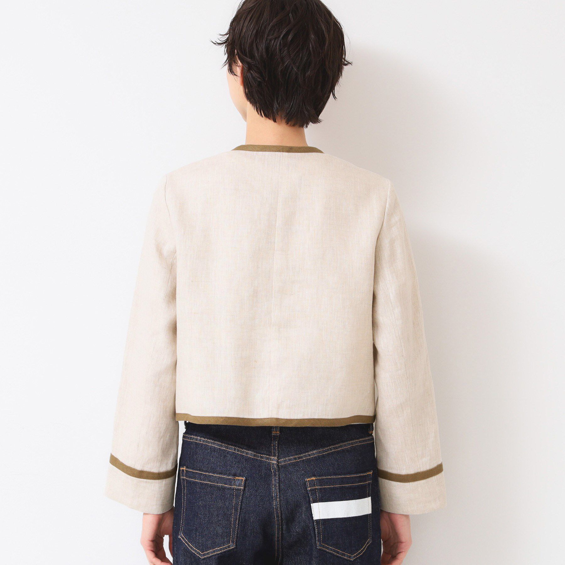 Dessin「【セットアップ可能・洗える】配色クルーネック麻ジャケット」|ノーカラージャケット|