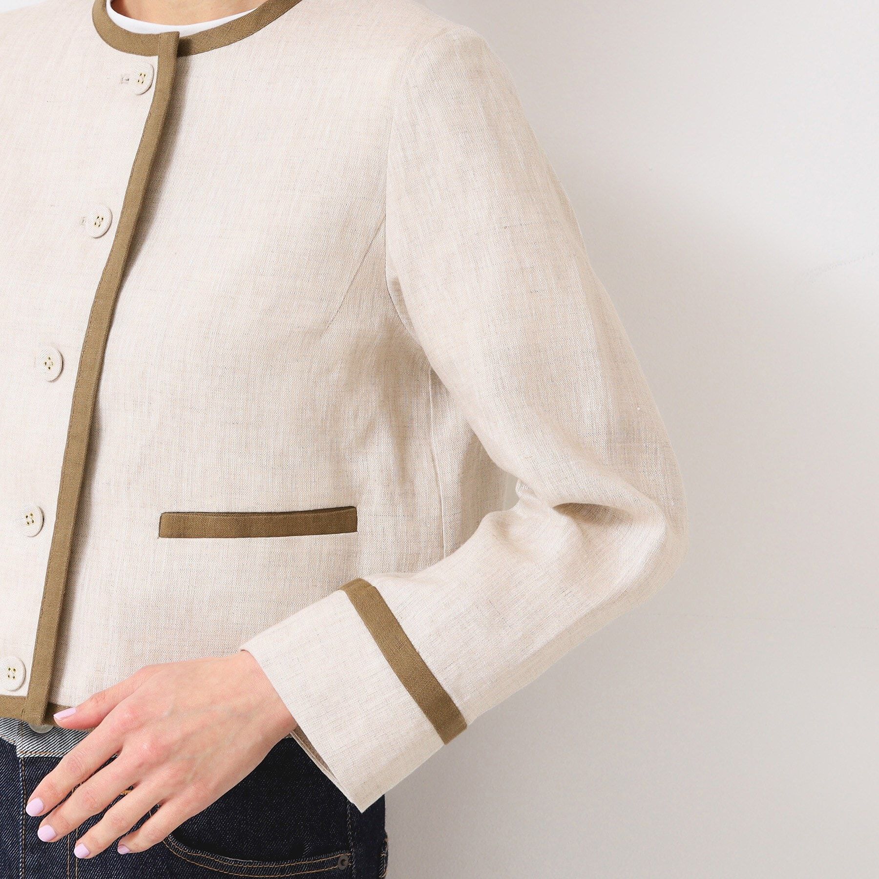Dessin「【セットアップ可能・洗える】配色クルーネック麻ジャケット」|ノーカラージャケット|