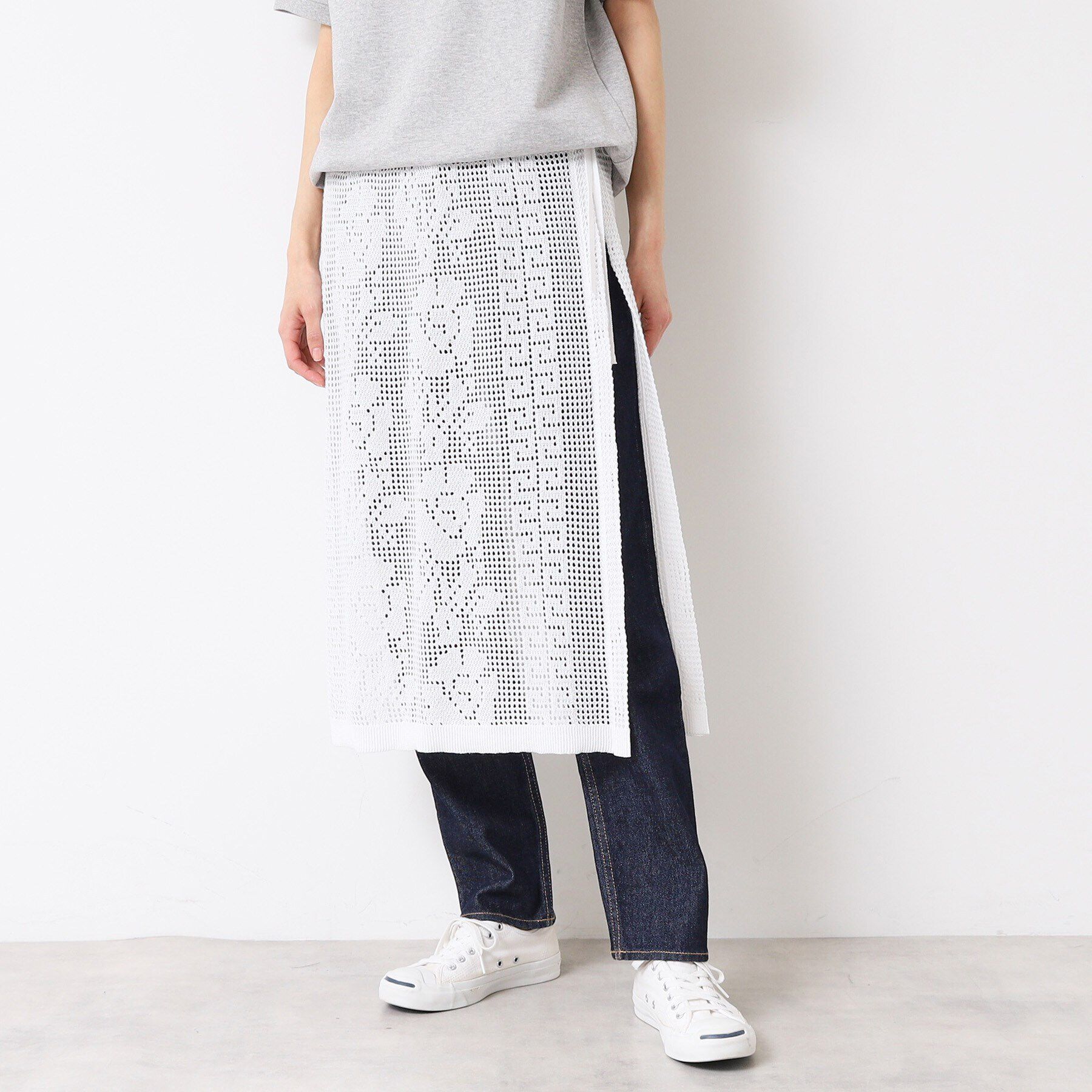 Dessin「【洗える】フラワー柄ニット巻き風スカート」|スカート|ホワイト(002)