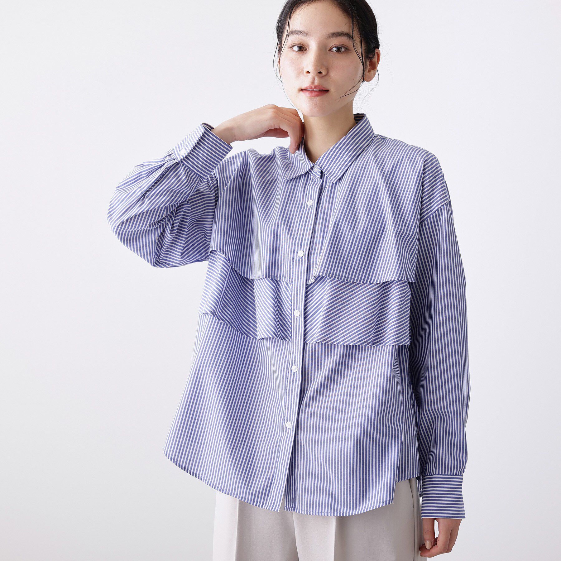 Dessin「【洗える】フリルシャツブラウス」|シャツ・ブラウス|ネイビー(396)