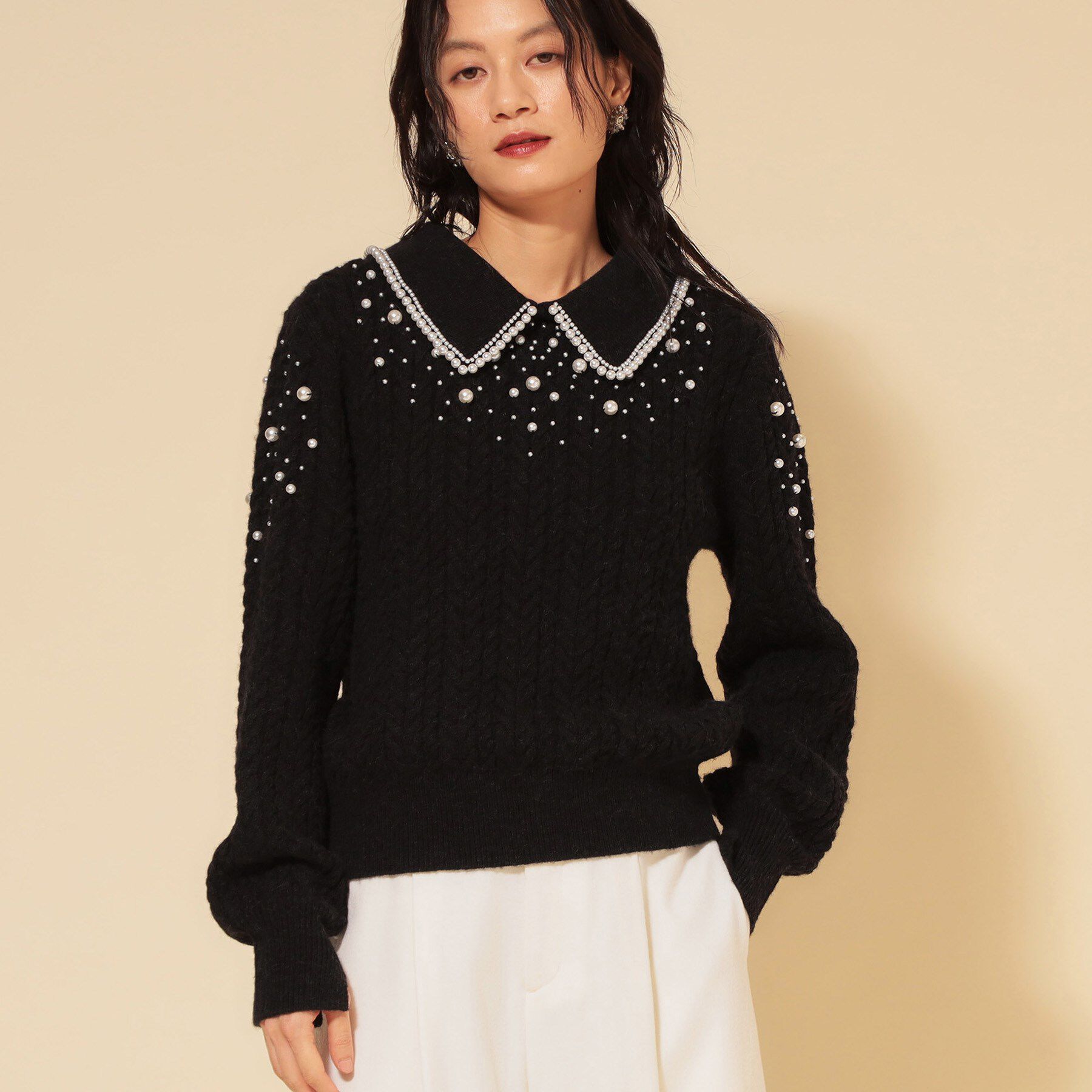 SunaUna「【COLLECTION LINE】衿付きパール調ニット」|ニット・セーター|ブラック(019)