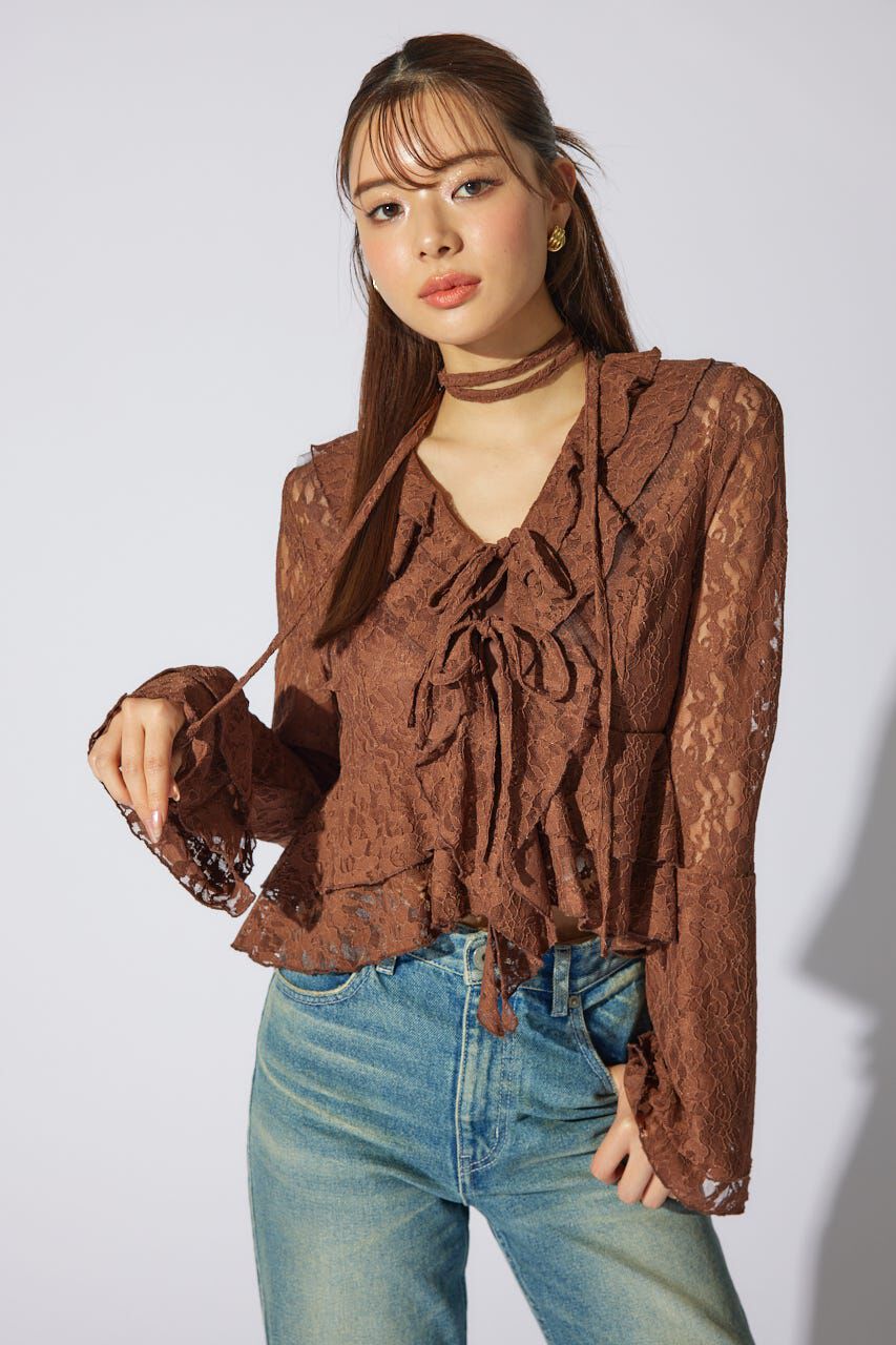 rienda「フリルレースブラウス」|シャツ・ブラウス|BRN