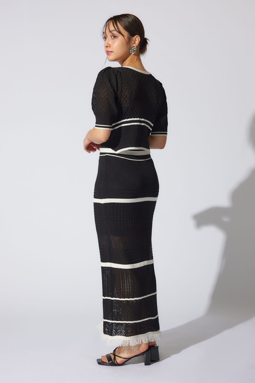 rienda「2WAYフリンジライン配色クロシェニットワンピース」|ワンピース|