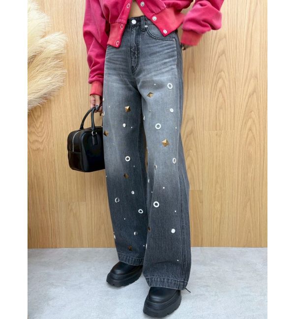 EVRIS「MIX MOTIF ワイドデニムパンツ」|デニム|ブラック