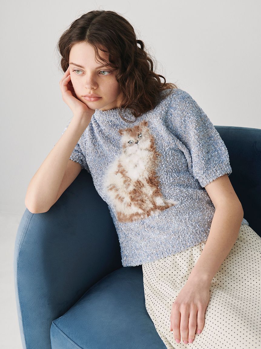 FURFUR「キャットモチーフジャガードニットトップス」|ニット・セーター|SAX