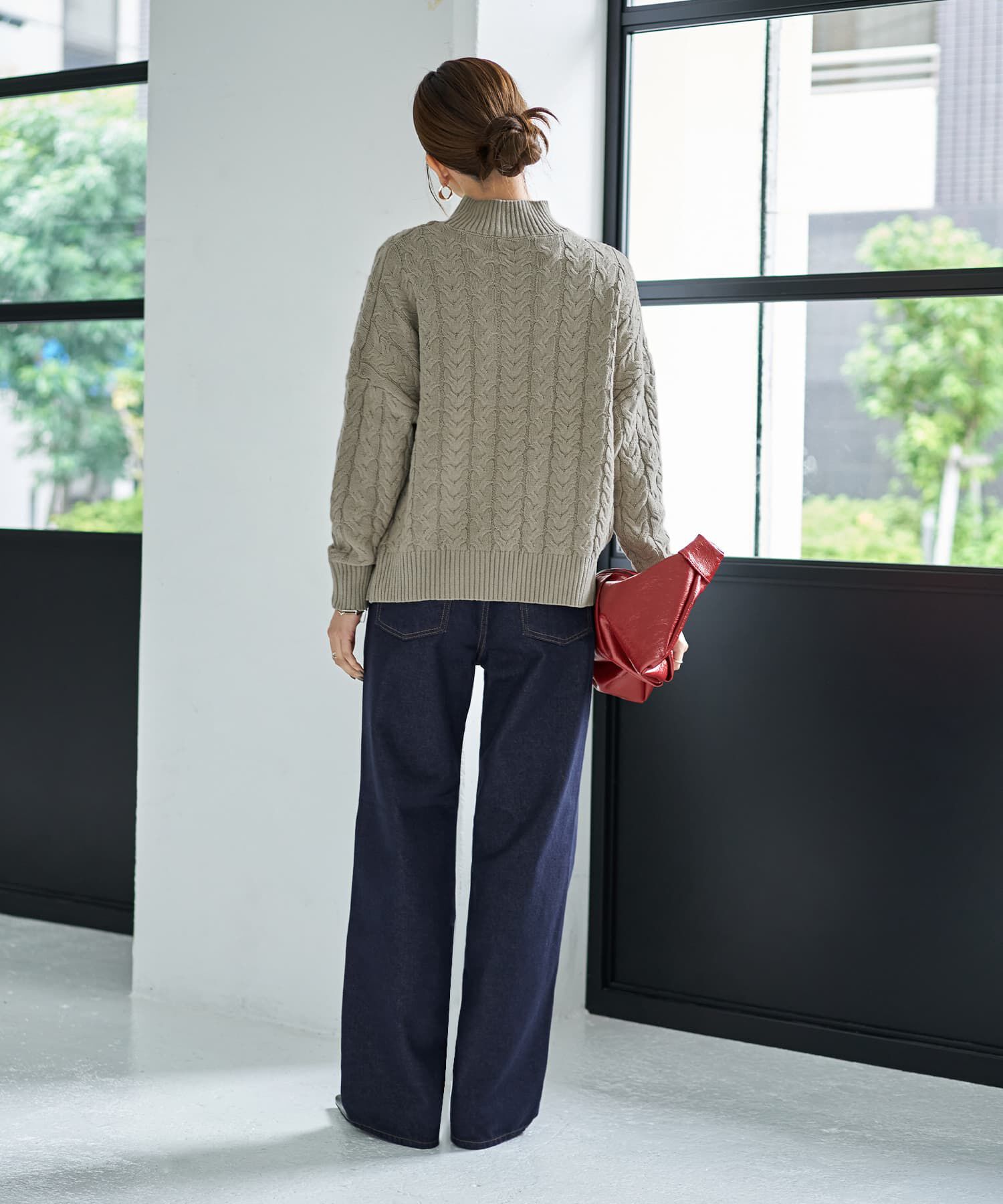  「ケーブル編み切替スタンドネックニット」|ニット・セーター|