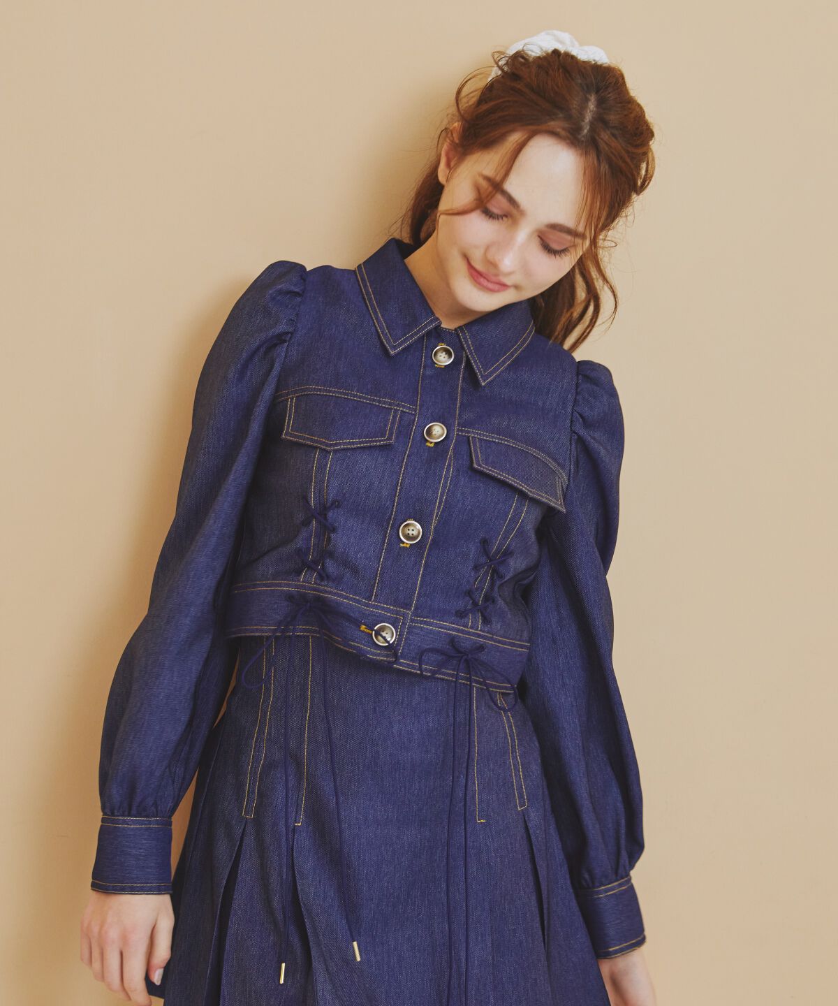 REDYAZEL「デニムライクレースアップショートジャケット」|デニムジャケット|ネイビー